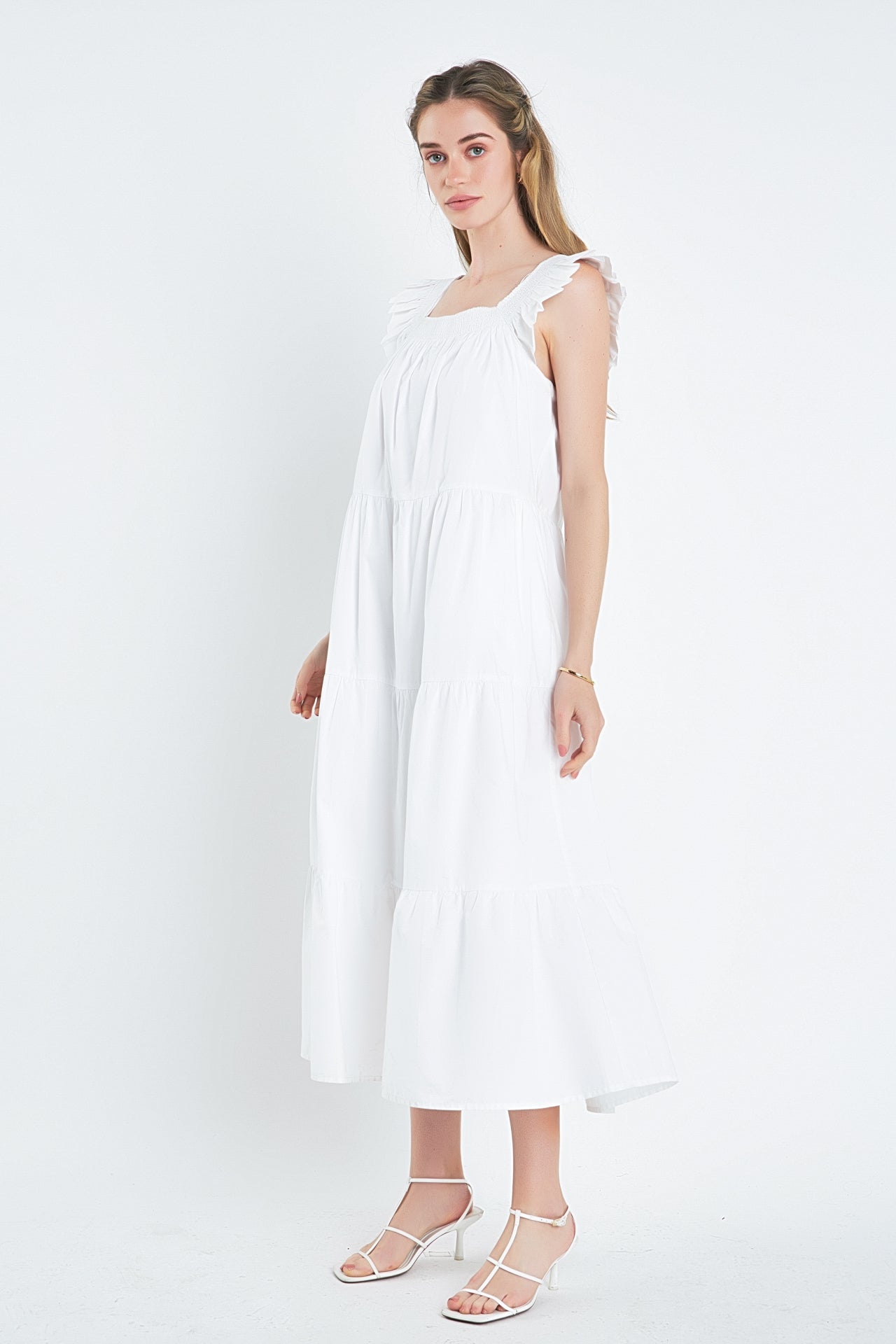 ENGLISH FACTORY - Square Neck Ruffle Detail Tiered Midi Dress - DRESSES available at Objectrare