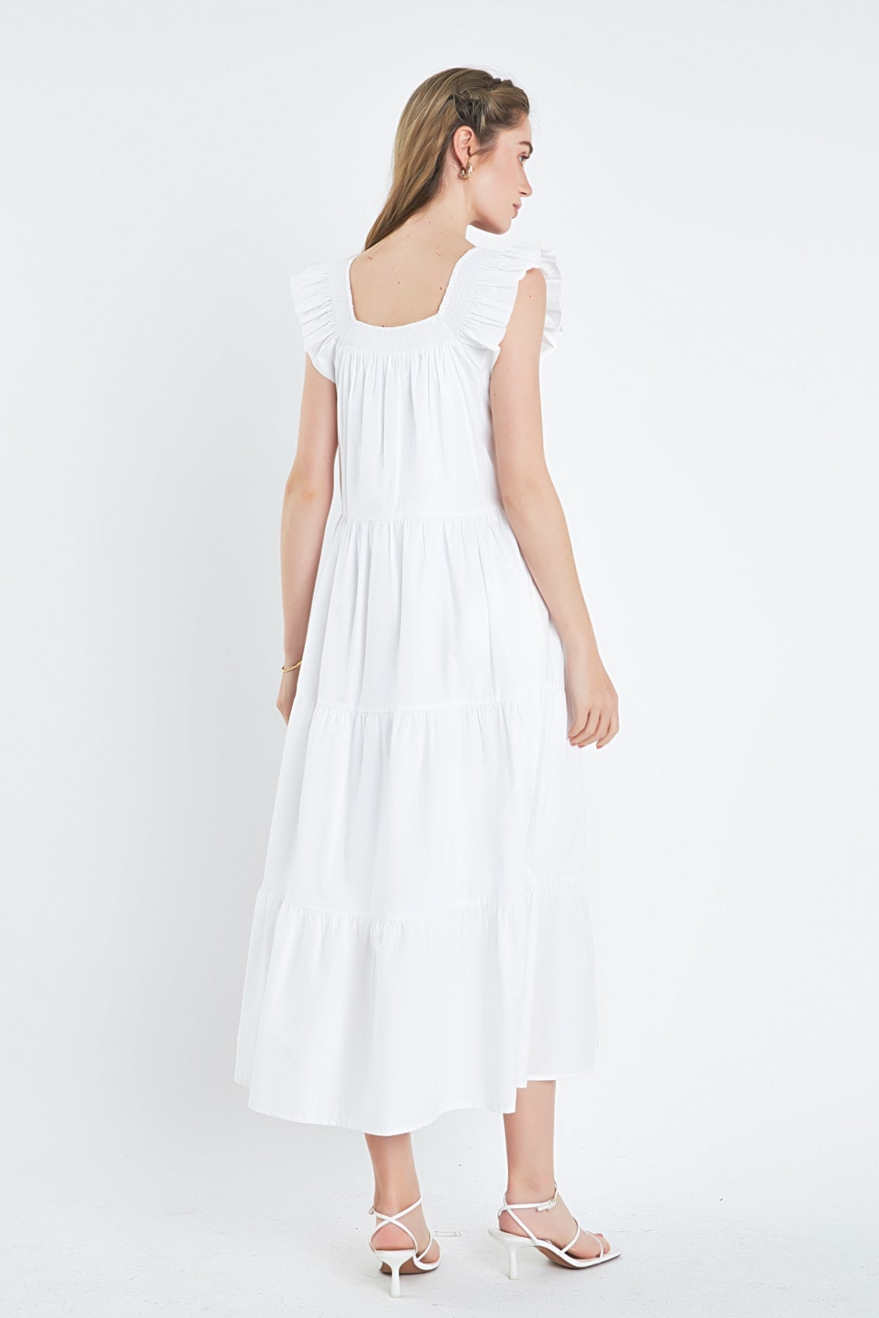 ENGLISH FACTORY - Square Neck Ruffle Detail Tiered Midi Dress - DRESSES available at Objectrare