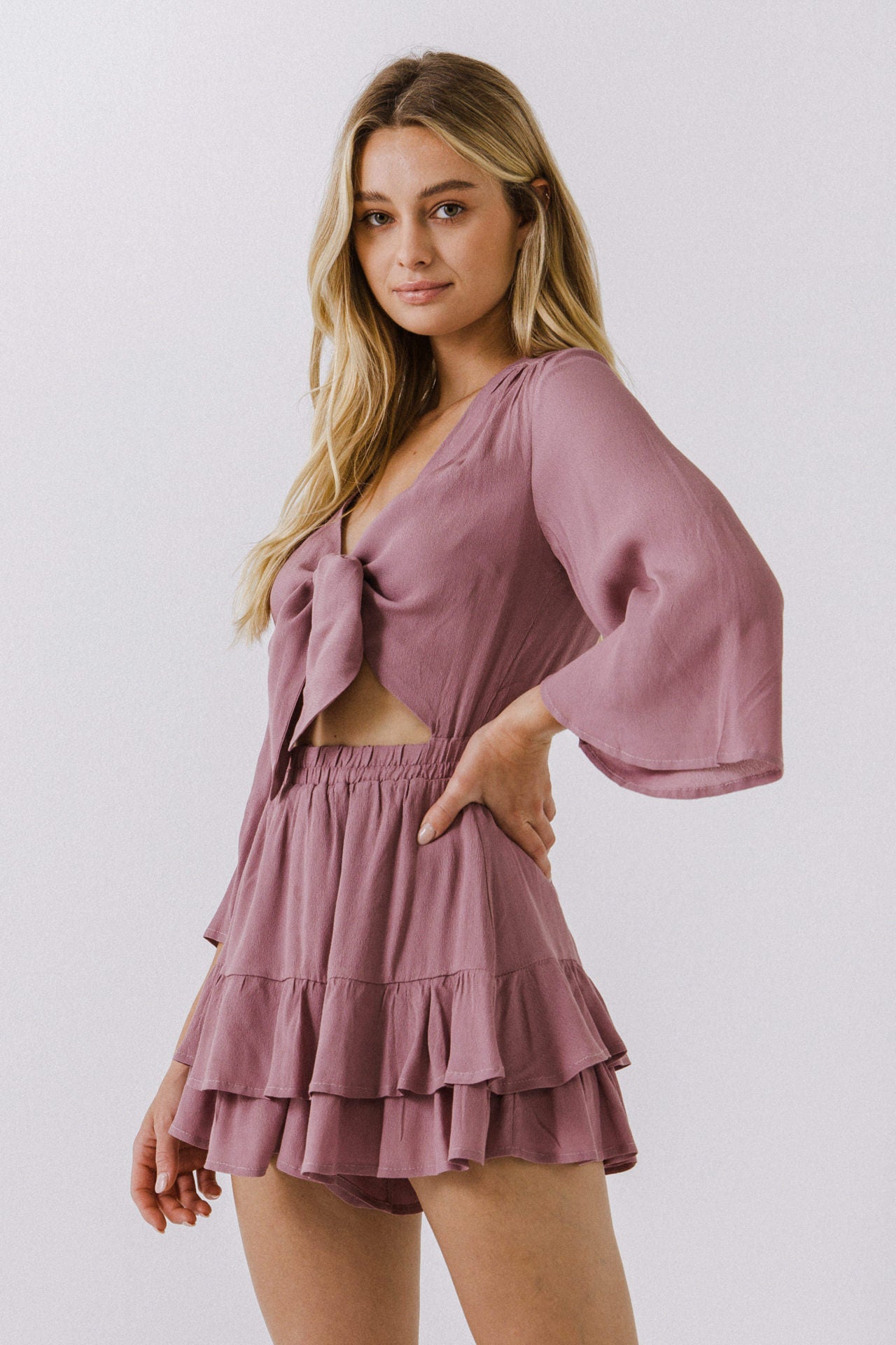 LA'VEN - Front Bow Tie Romper With Ruffled Hem - ROMPERS available at Objectrare
