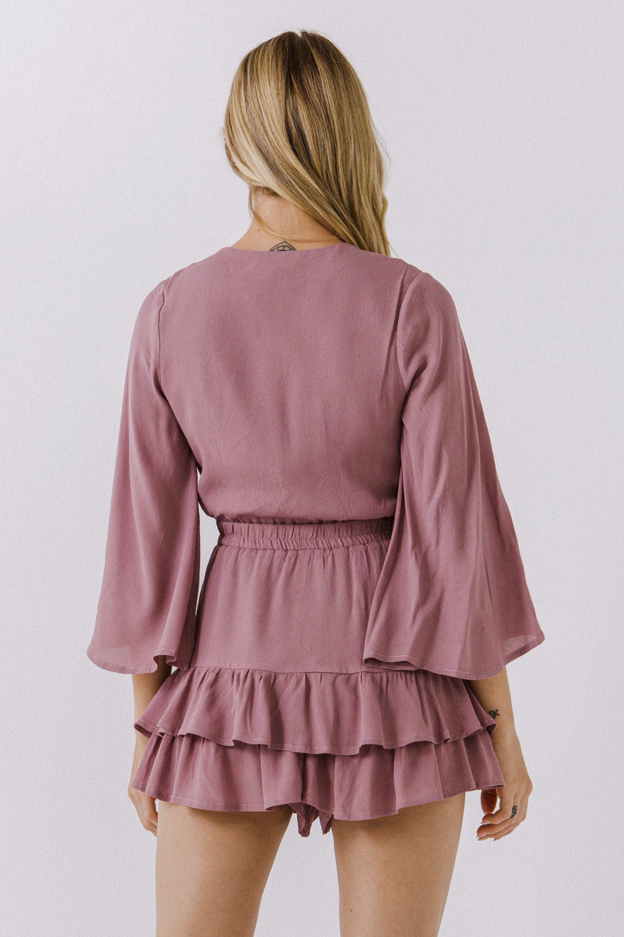 LA'VEN - Front Bow Tie Romper With Ruffled Hem - ROMPERS available at Objectrare