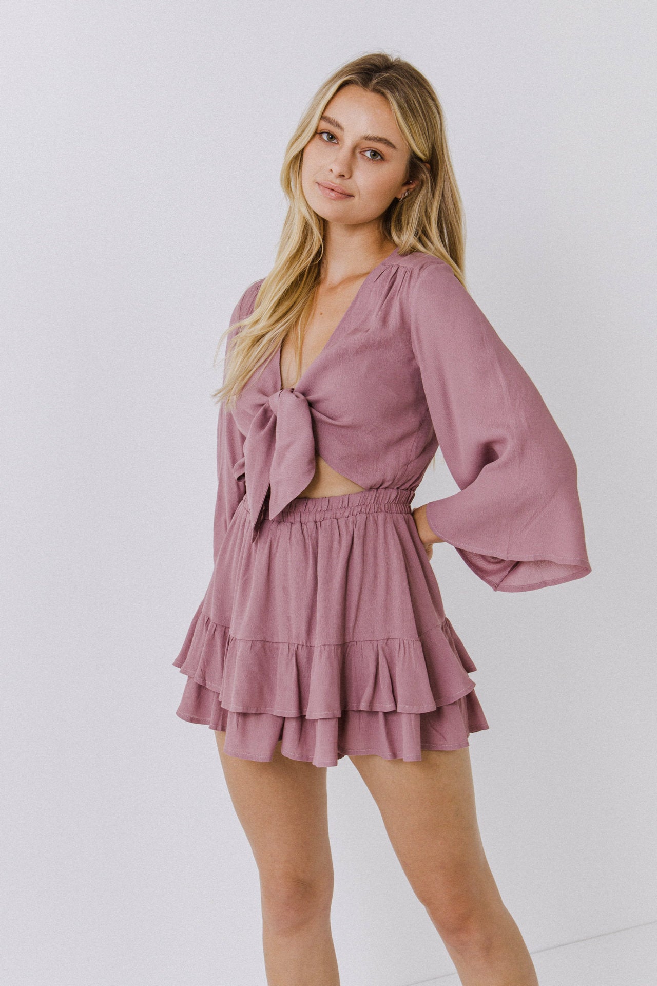 LA'VEN - Front Bow Tie Romper With Ruffled Hem - ROMPERS available at Objectrare