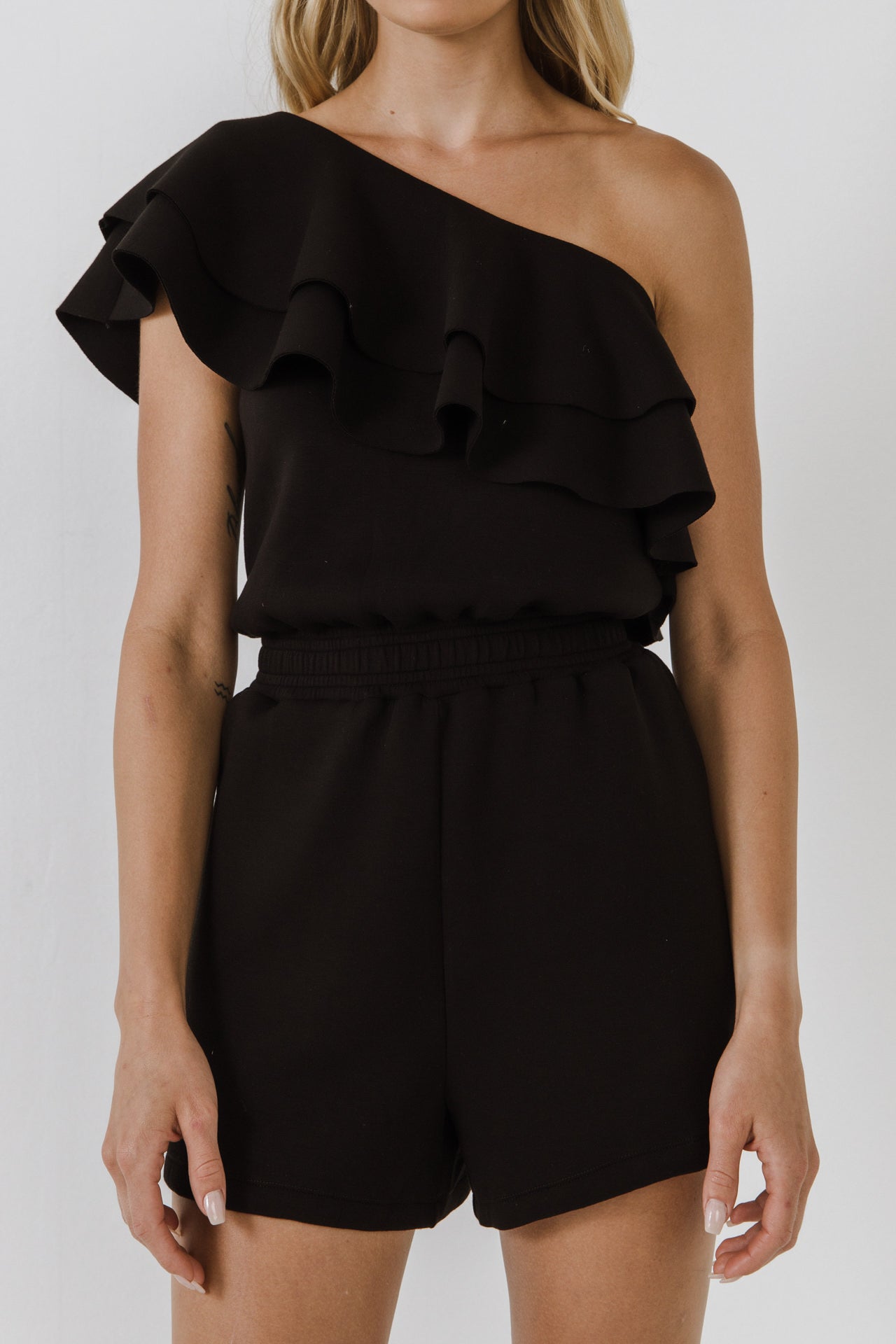 ENDLESS ROSE - Tiered Layer One Shoulder Romper - ROMPERS available at Objectrare