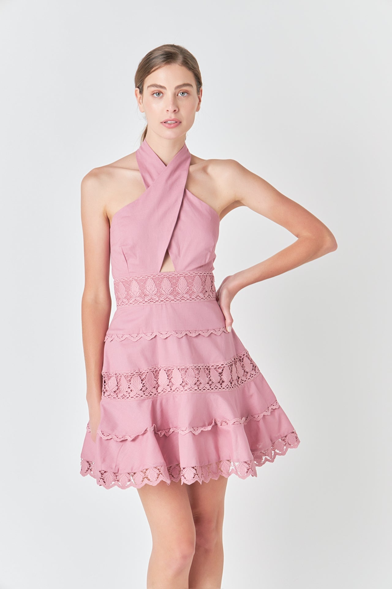 ENDLESS ROSE - Halter Neck Lace Trim Dress - DRESSES available at Objectrare
