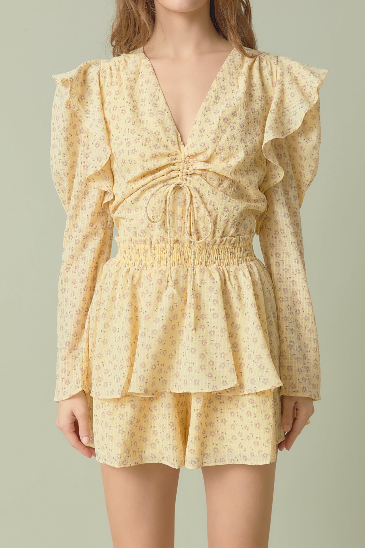 ENDLESS ROSE - Ruched Front Long Sleeve Floral Romper - ROMPERS available at Objectrare