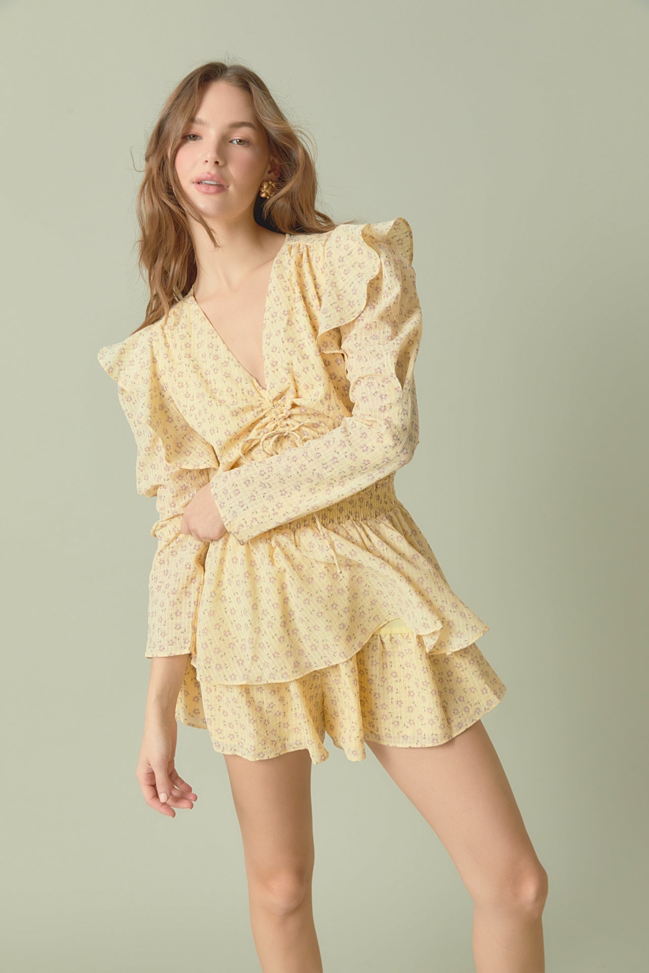 ENDLESS ROSE - Ruched Front Long Sleeve Floral Romper - ROMPERS available at Objectrare