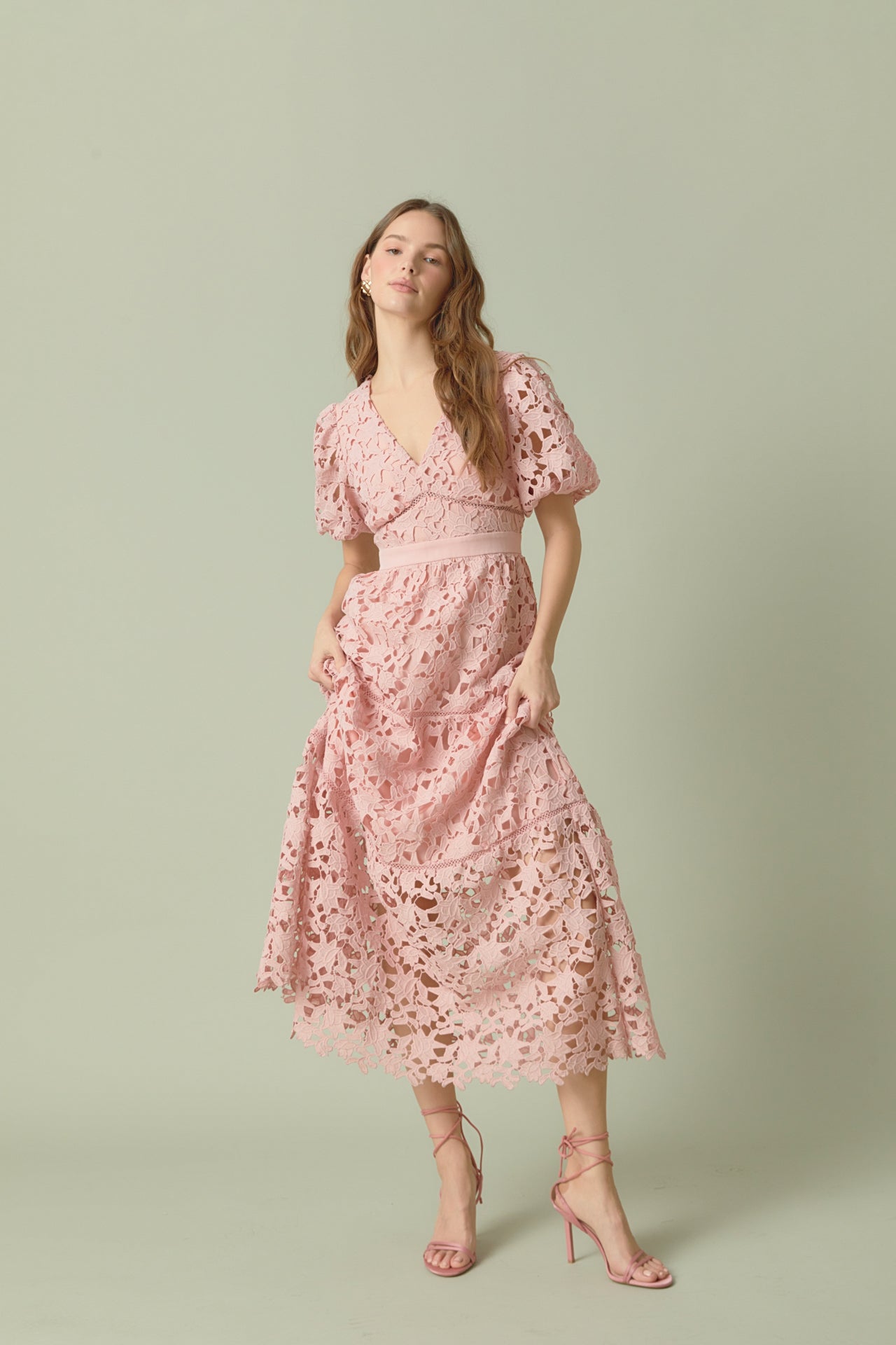 ENDLESS ROSE - Puff Sleeve Lace Tiered Maxi Dress - DRESSES available at Objectrare