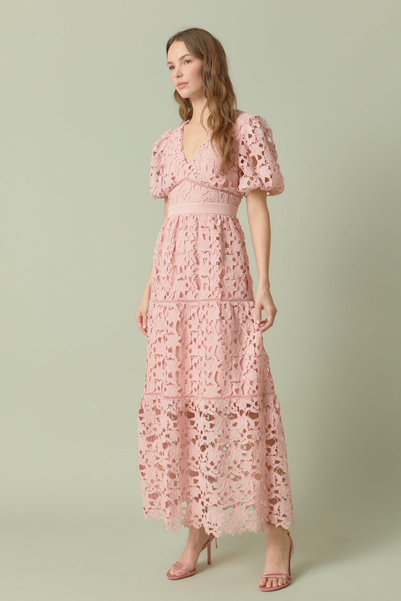 ENDLESS ROSE - Puff Sleeve Lace Tiered Maxi Dress - DRESSES available at Objectrare