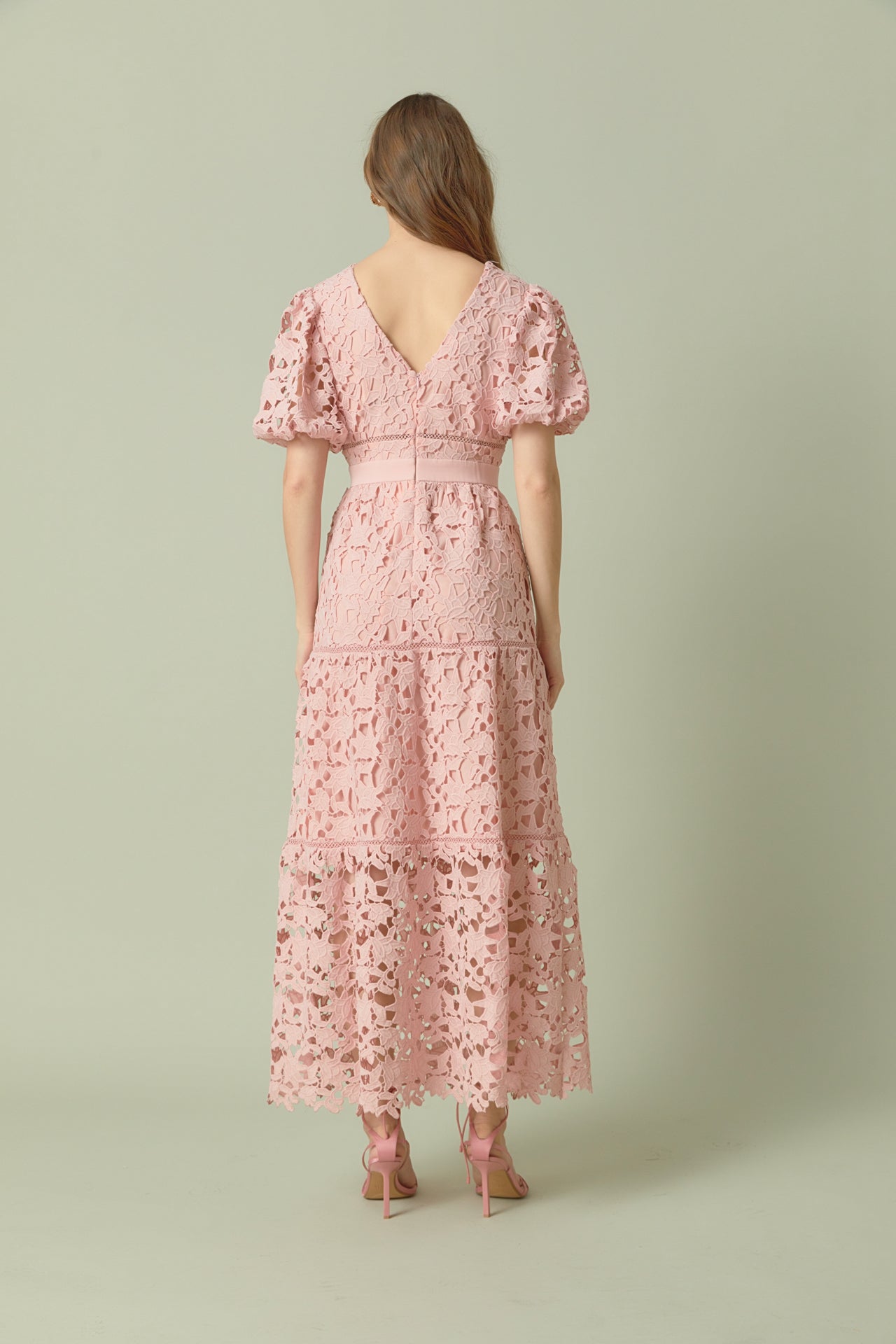 ENDLESS ROSE - Puff Sleeve Lace Tiered Maxi Dress - DRESSES available at Objectrare