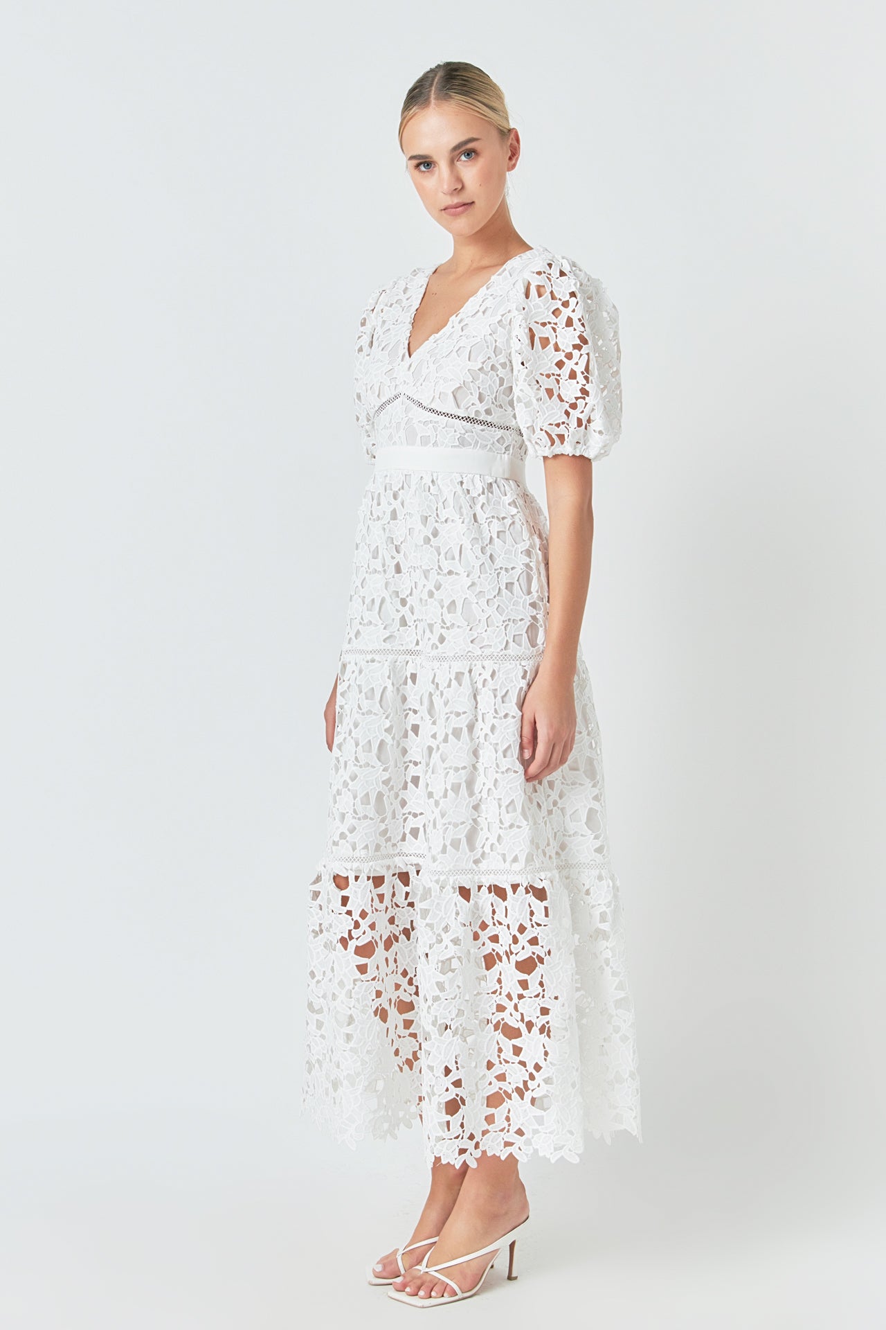 ENDLESS ROSE - Puff Sleeve Lace Tiered Maxi Dress - DRESSES available at Objectrare