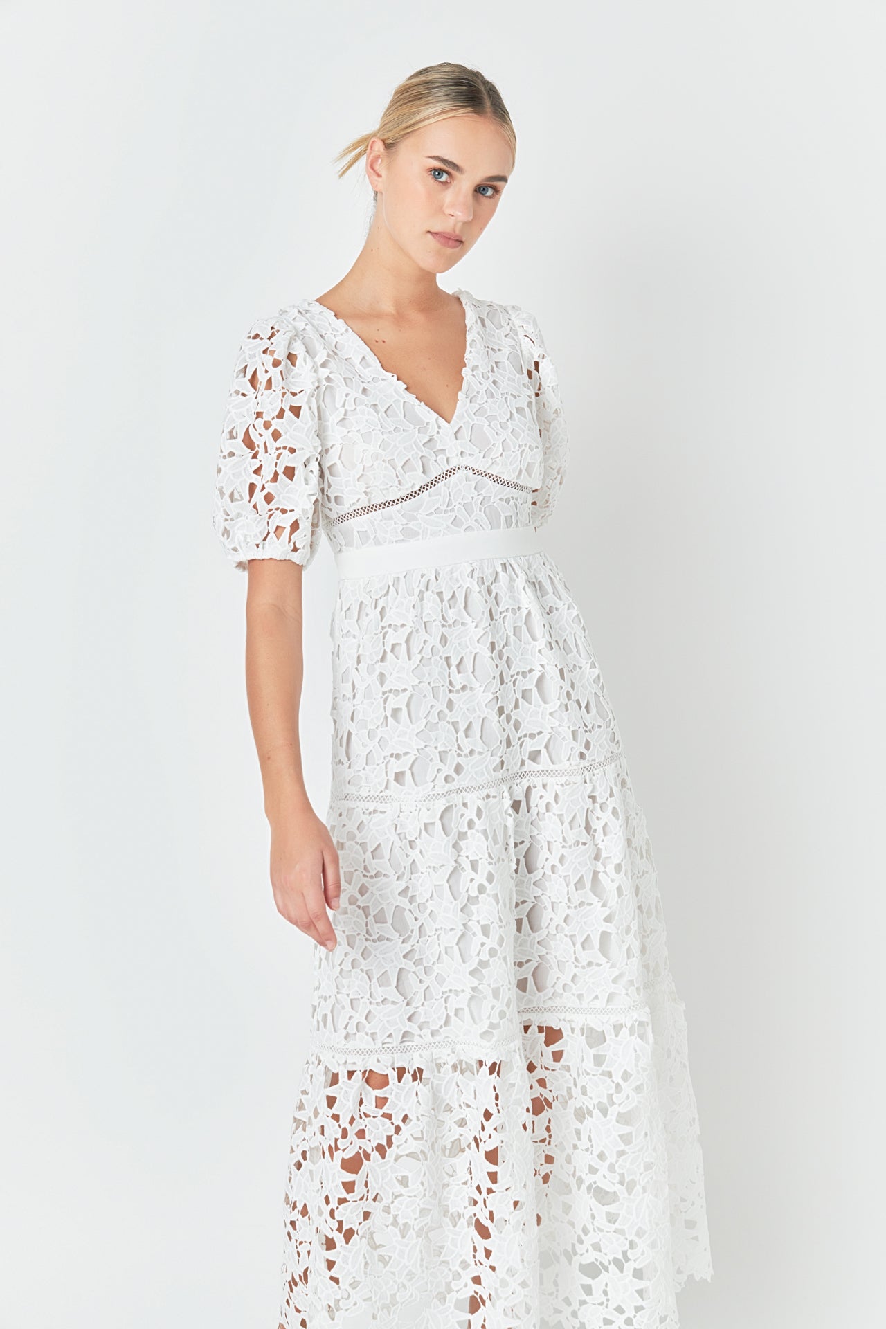ENDLESS ROSE - Puff Sleeve Lace Tiered Maxi Dress - DRESSES available at Objectrare