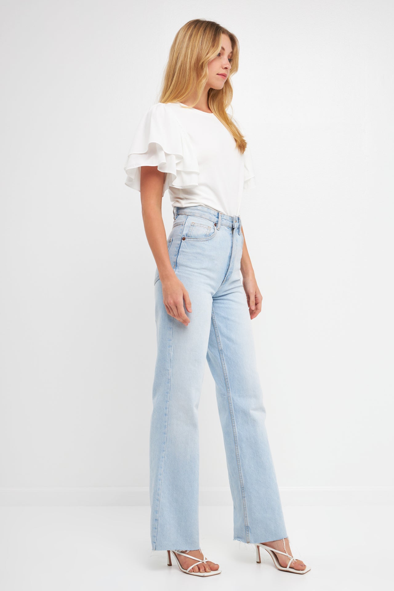 ENDLESS ROSE - Double Layers Ruffle Sleeve Crew Neck Top - TOPS available at Objectrare