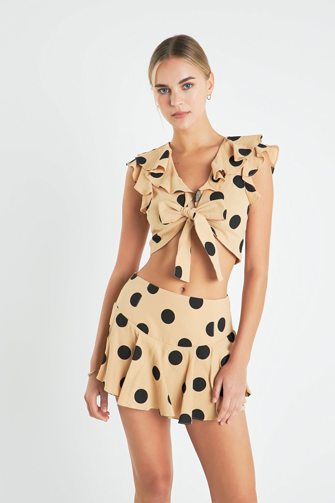 ENGLISH FACTORY - Ruffle Trimmed Cold Shoulder Front Tied Crop Top - TOPS available at Objectrare