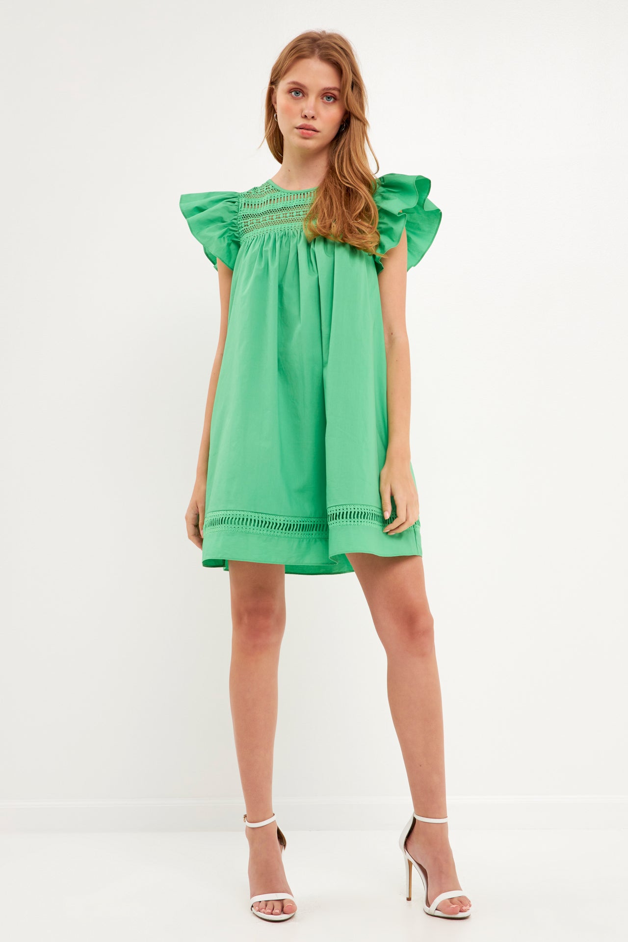 Lace Yoke Ruffle Sleeve Mini Dress