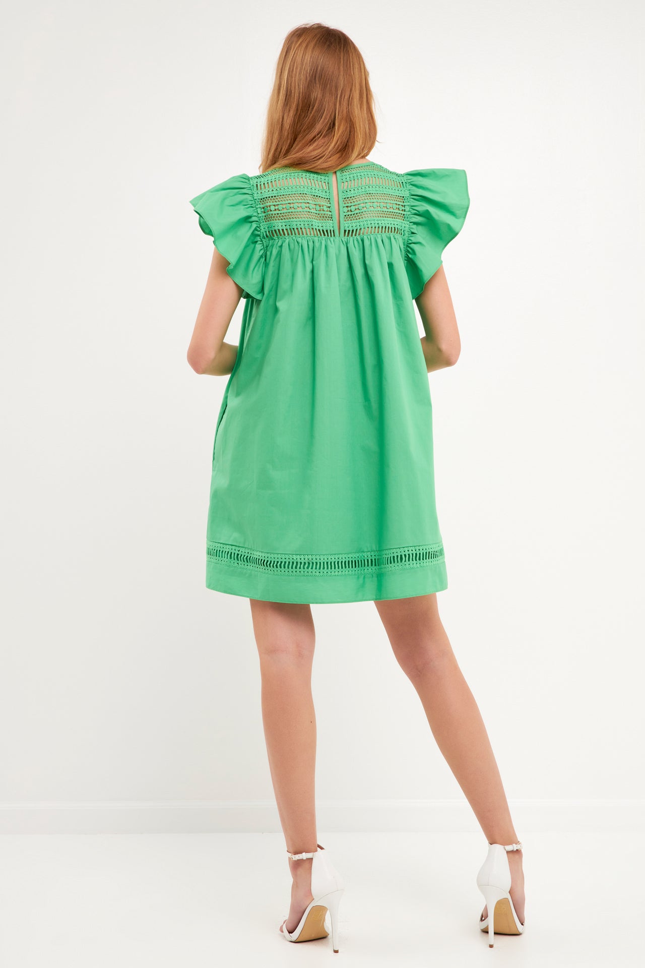 Lace Yoke Ruffle Sleeve Mini Dress