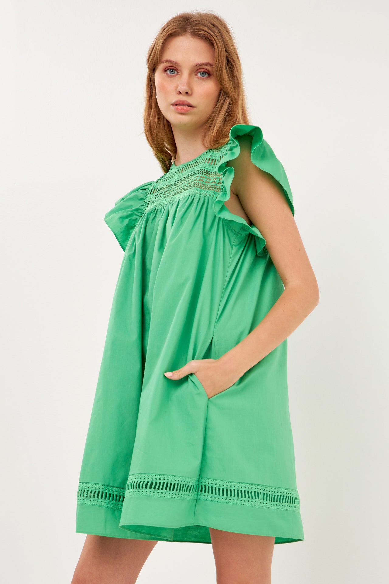 Lace Yoke Ruffle Sleeve Mini Dress