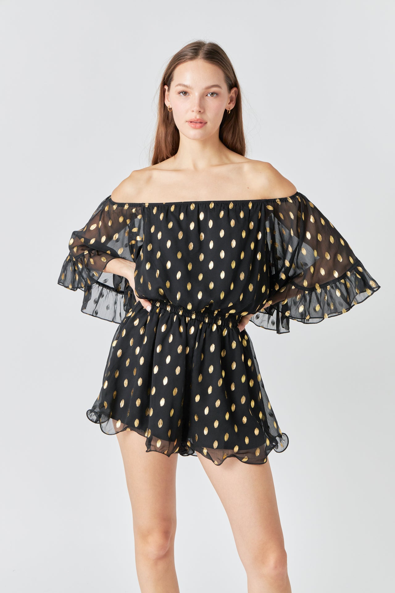 ENDLESS ROSE - Foil Print Off-Shoulder Romper - ROMPERS available at Objectrare