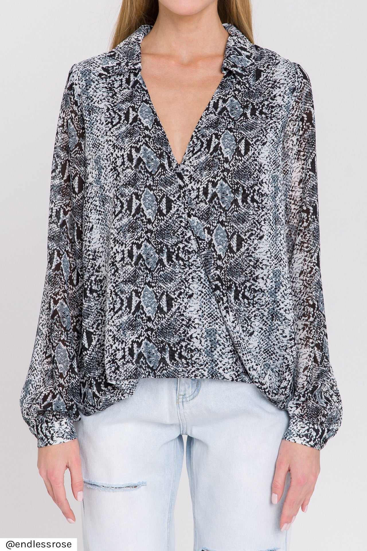 ENDLESS ROSE - Snake Skin Pattern Wrap Shirt - TOPS available at Objectrare