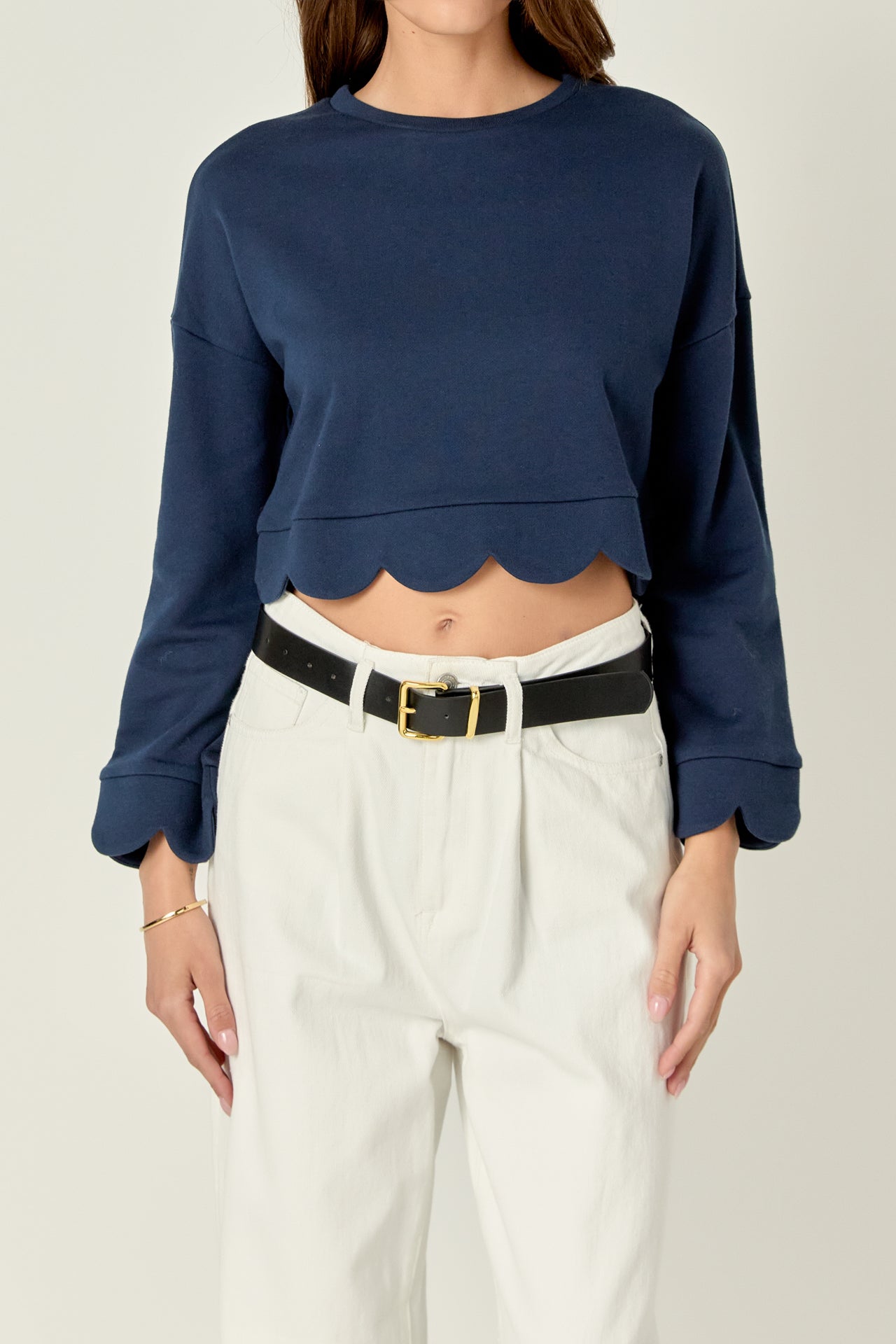 ENGLISH FACTORY - Scallop Bottom Long Sleeve Crop Top - TOPS available at Objectrare