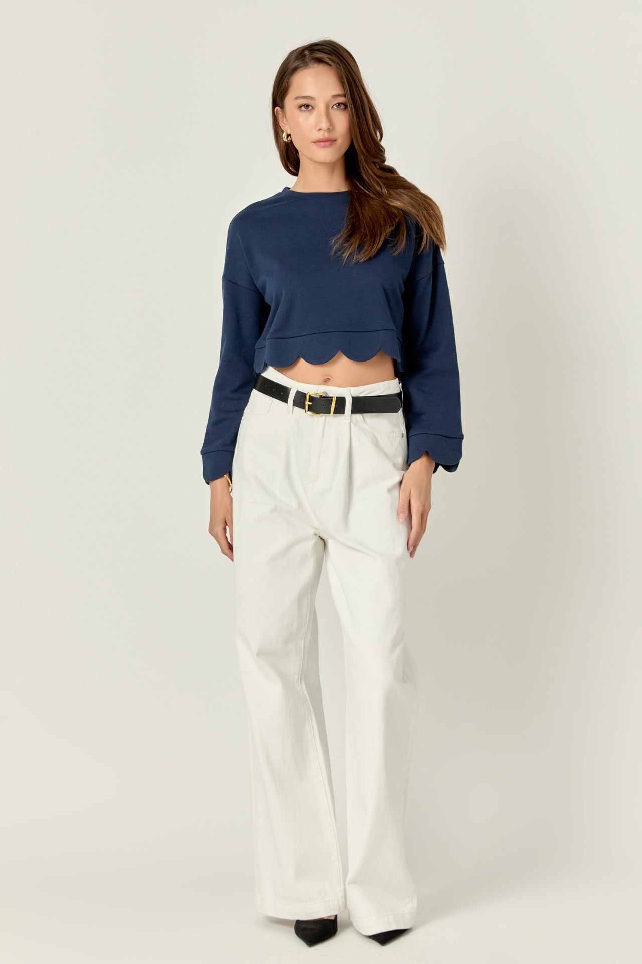 ENGLISH FACTORY - Scallop Bottom Long Sleeve Crop Top - TOPS available at Objectrare