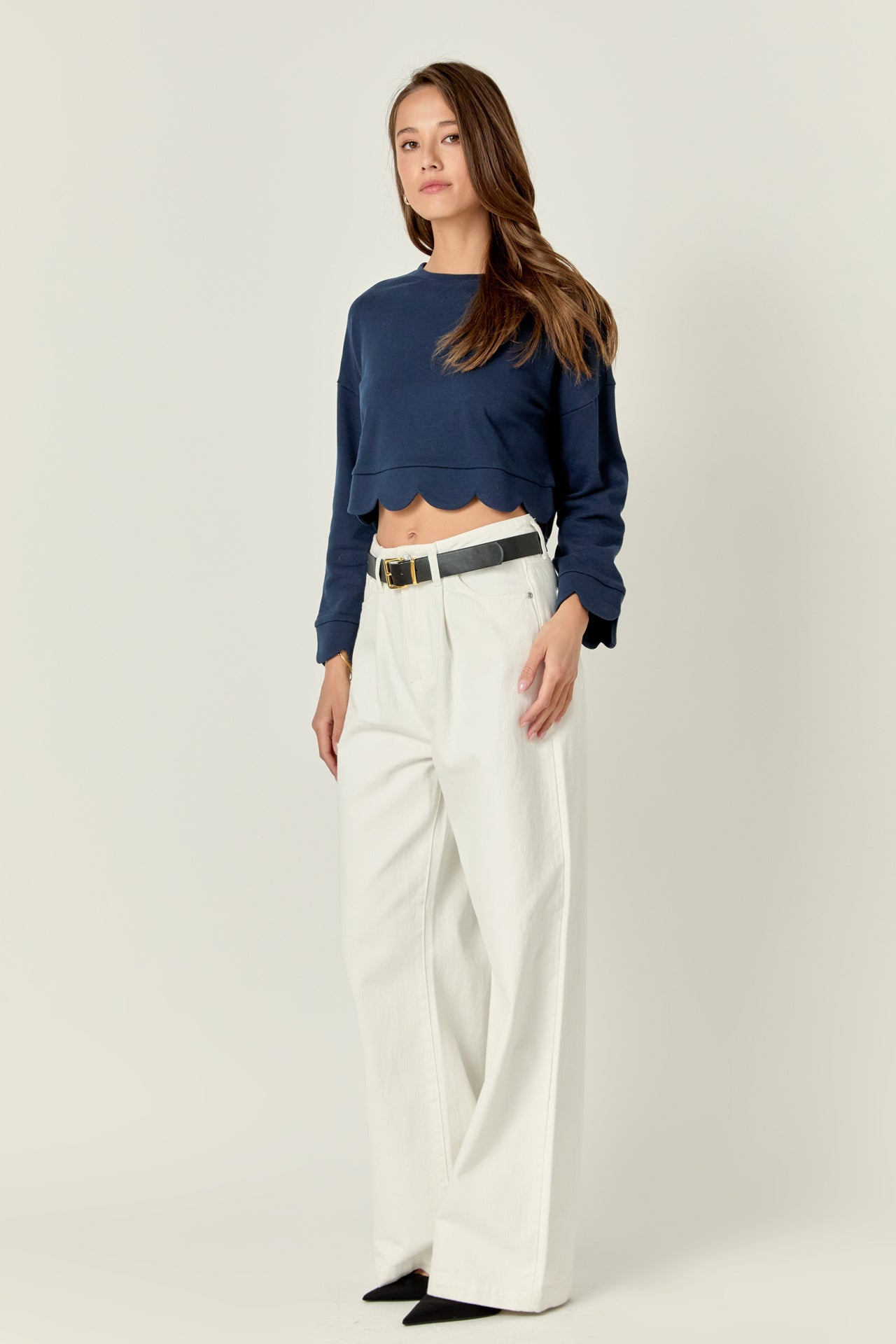ENGLISH FACTORY - Scallop Bottom Long Sleeve Crop Top - TOPS available at Objectrare