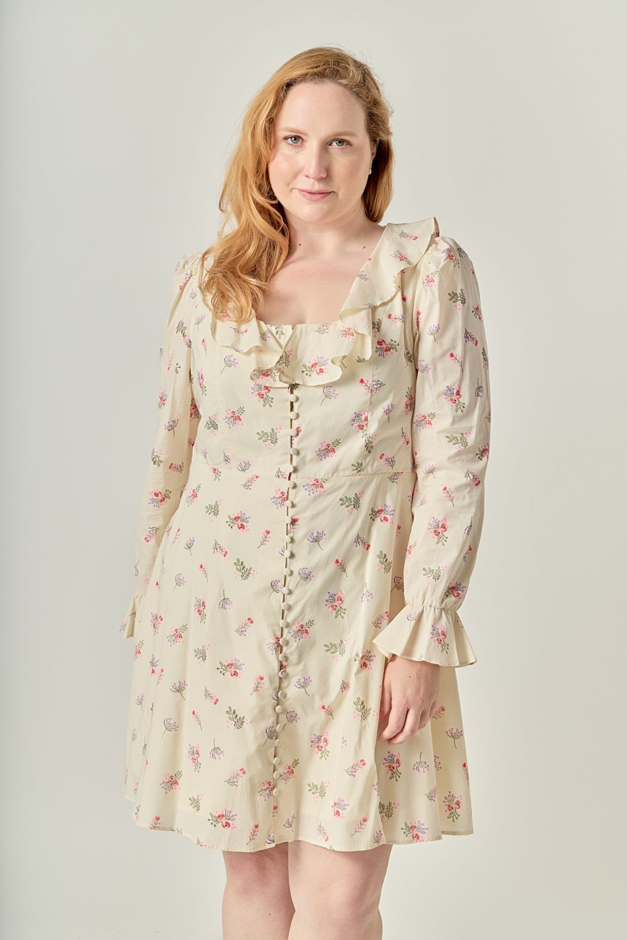 ENGLISH FACTORY - Plus Size Floral Ruffled Neck Mini Dress - DRESSES available at Objectrare
