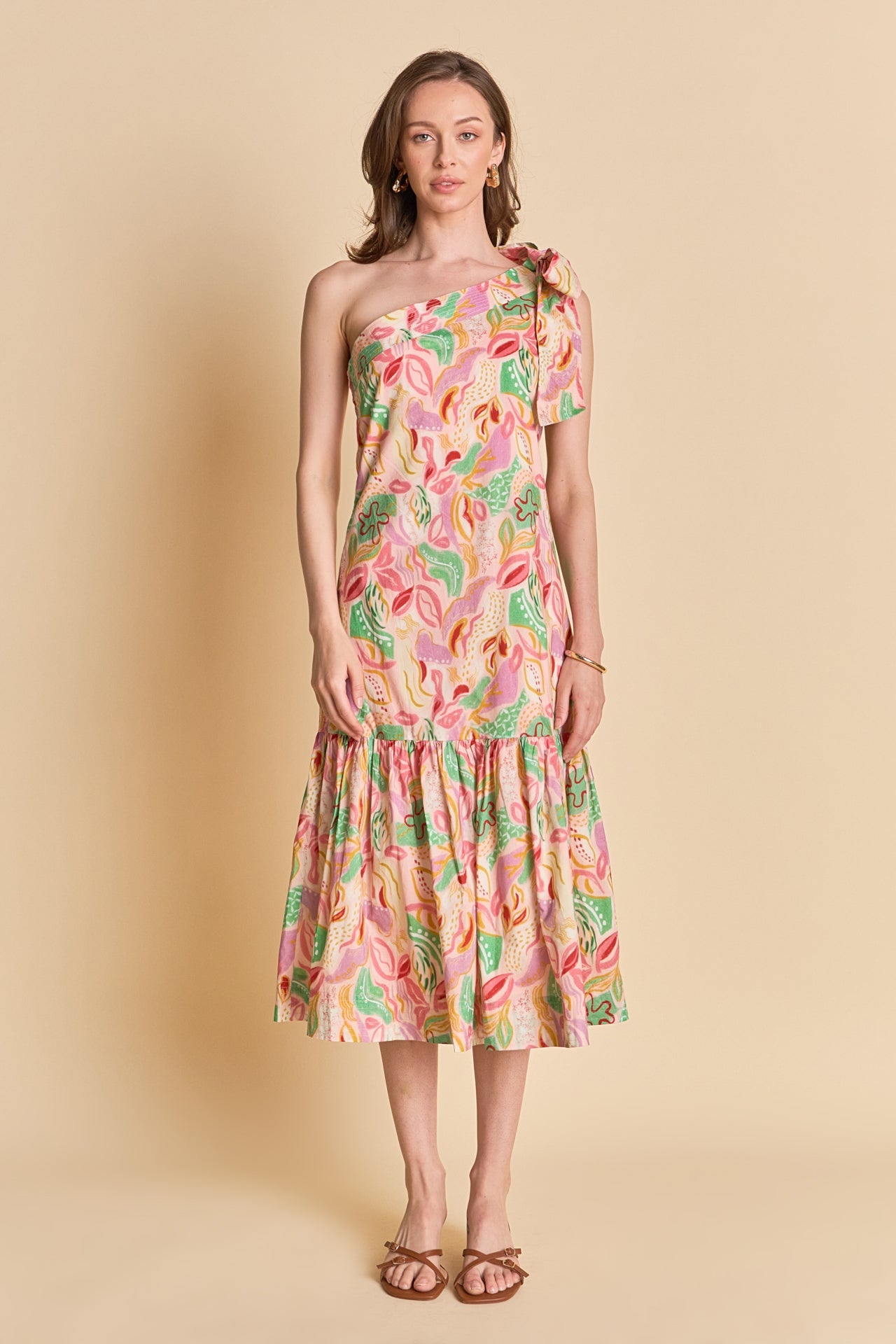 Printed One-Shoulder Flounce Midi Dress