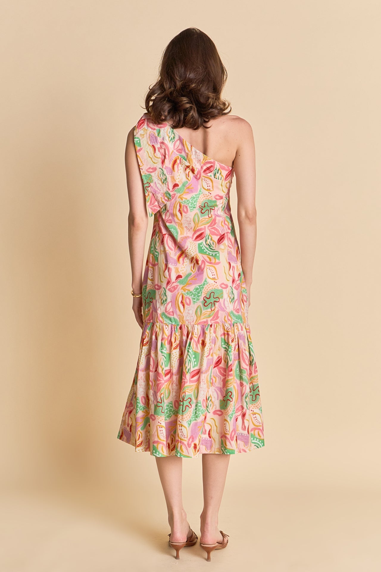 Printed One-Shoulder Flounce Midi Dress
