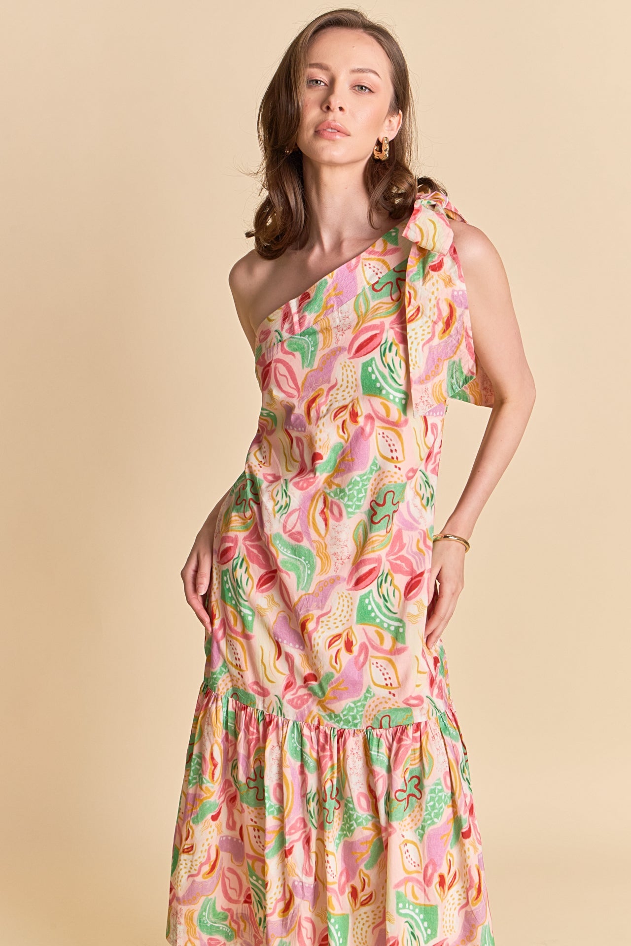 Printed One-Shoulder Flounce Midi Dress