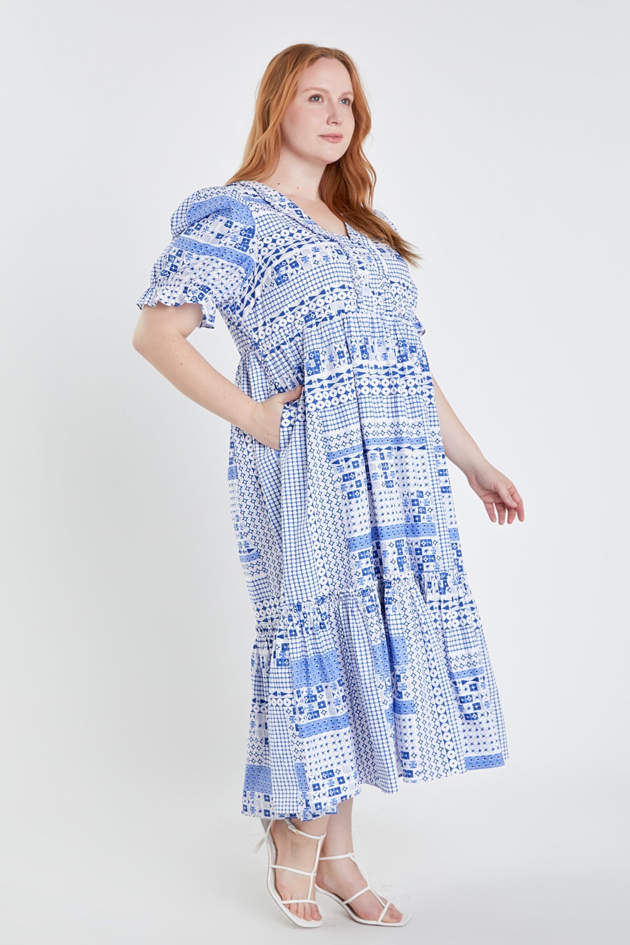 Plus Size Geometric Print Tiered Midi Dress