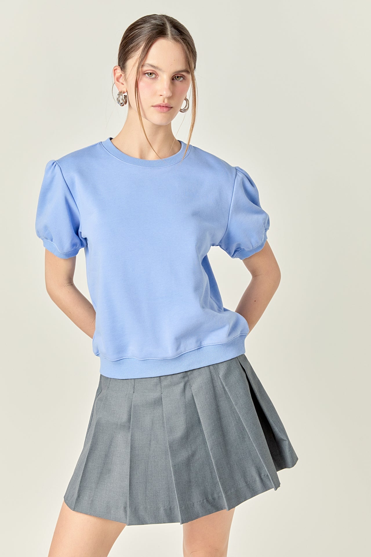 ENGLISH FACTORY - French Terry Puff Sleeve Sweatshirt in Powder Blue - TOPS available at Objectrare