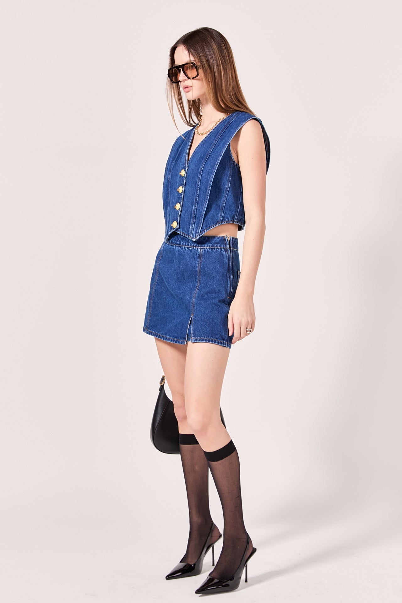 ENGLISH FACTORY - High-waisted Denim Mini Skort - SKORTS available at Objectrare