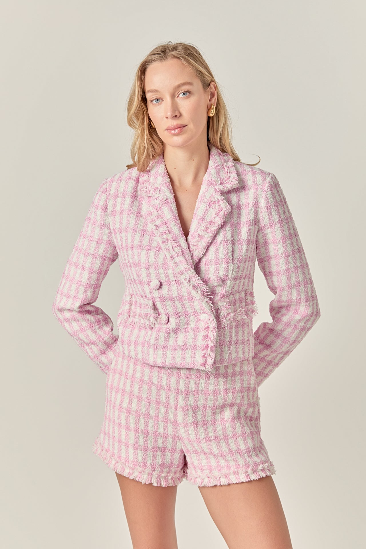 Textured Checkered Double Breasted Blazer