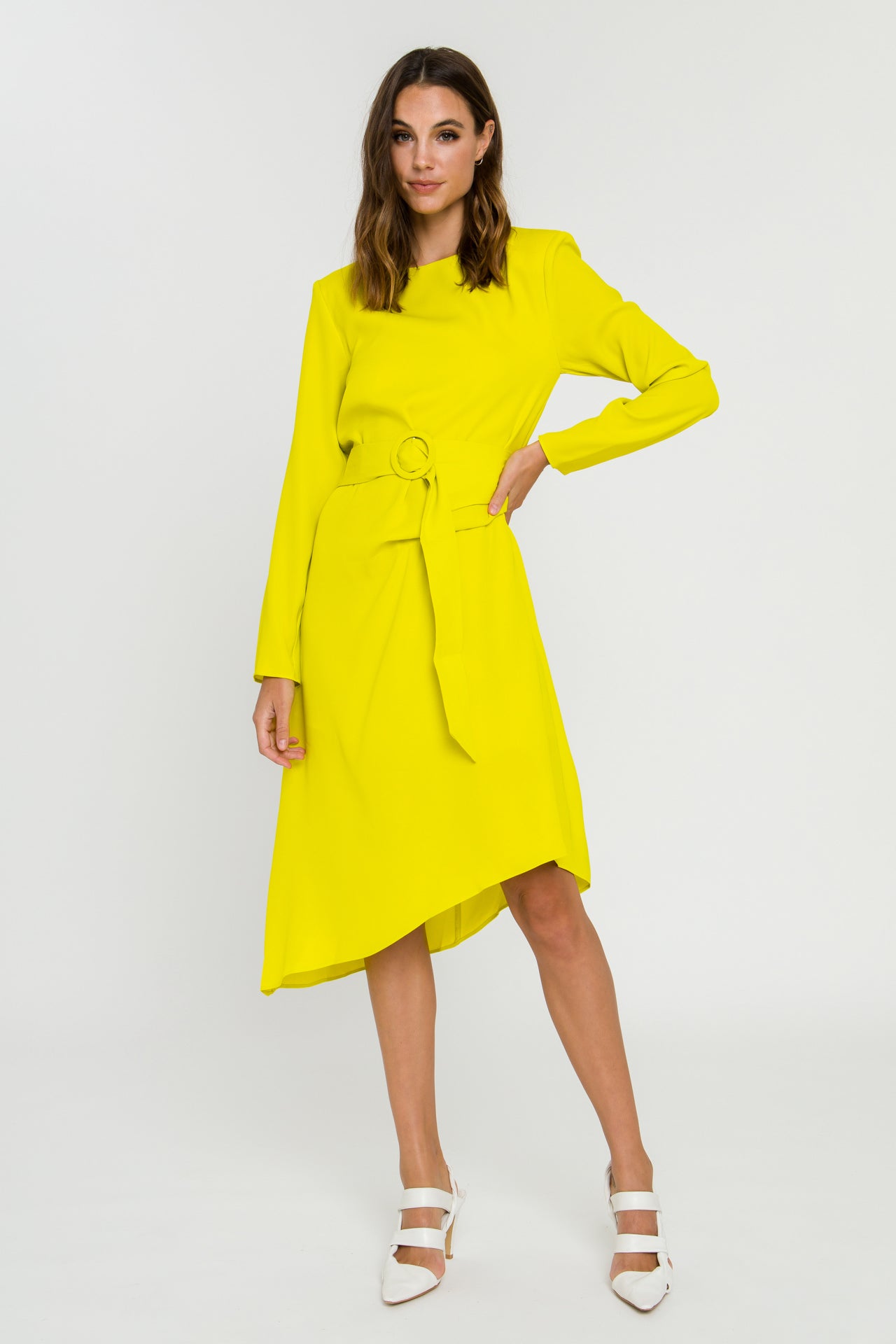 Yellow Pleated Midi Dress with Cinched Belt and Puffy Sleeves