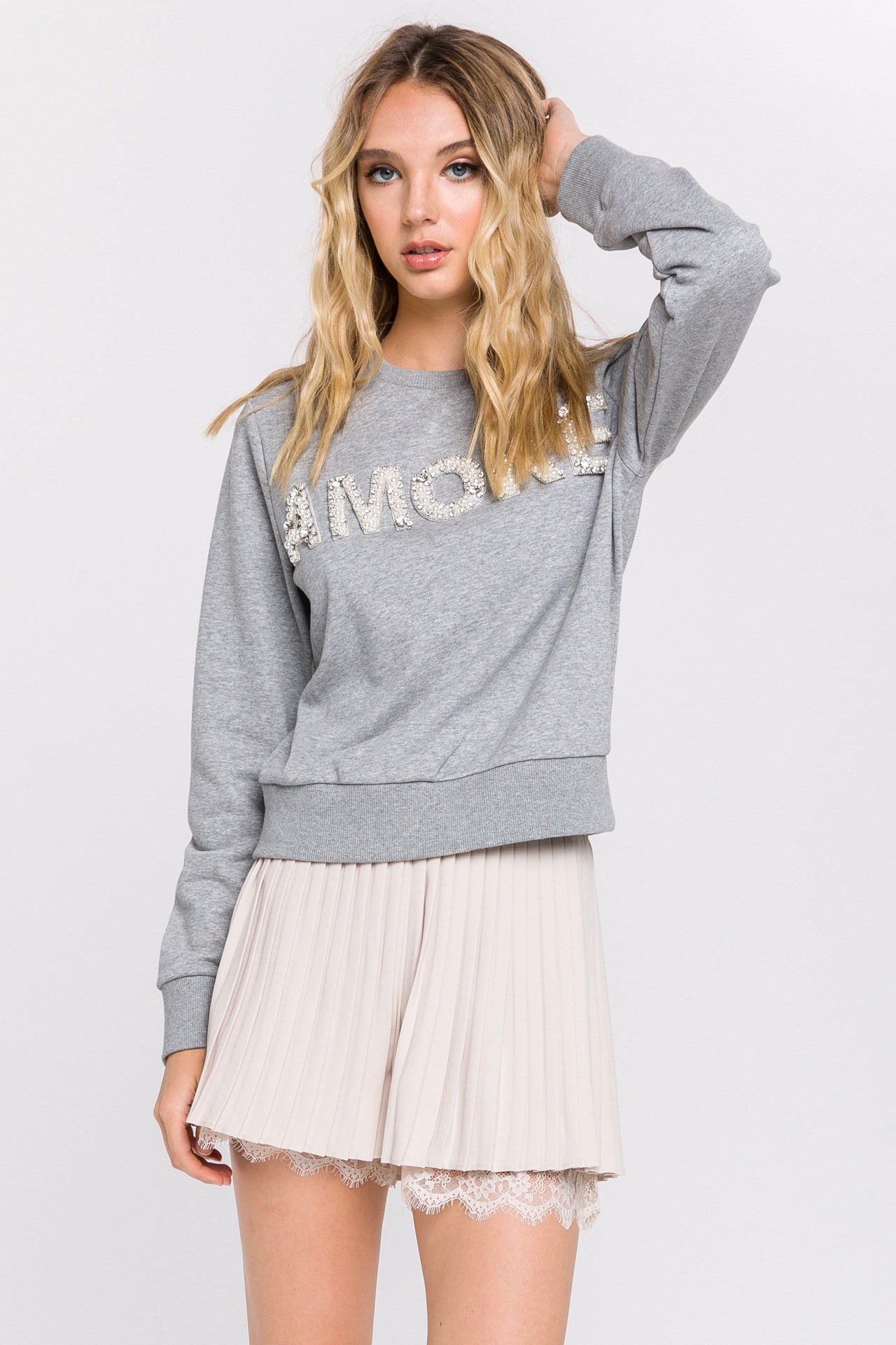 ENDLESS ROSE - Lettering Pearl Beads Sweatshirt - HOODIES & SWEATSHIRTS available at Objectrare