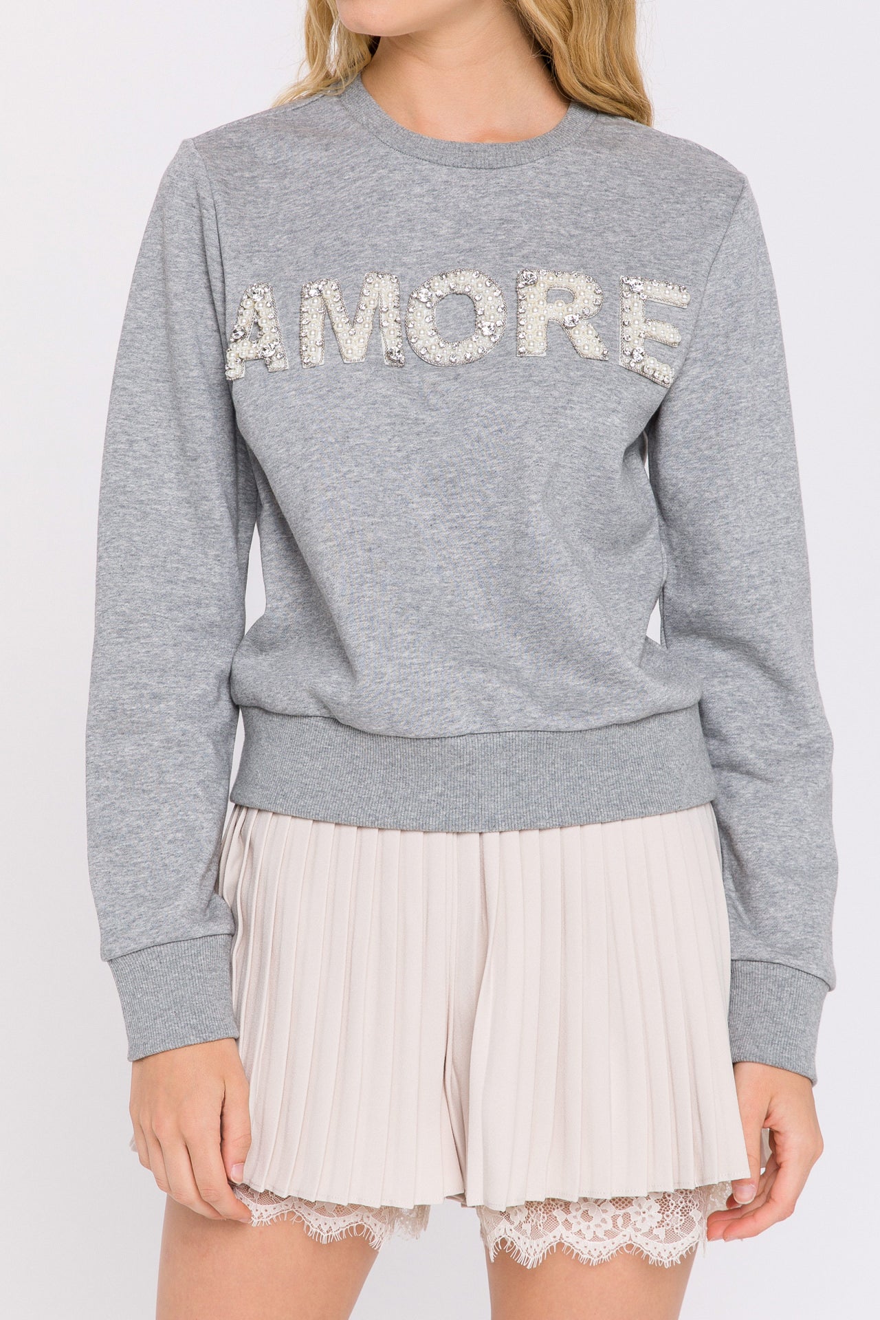 ENDLESS ROSE - Lettering Pearl Beads Sweatshirt - HOODIES & SWEATSHIRTS available at Objectrare