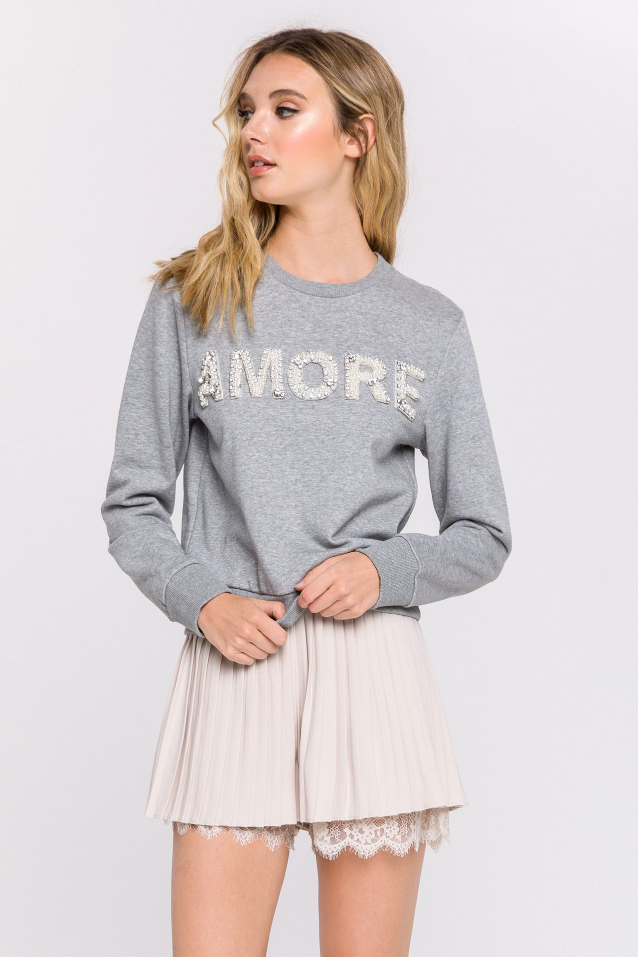 ENDLESS ROSE - Lettering Pearl Beads Sweatshirt - HOODIES & SWEATSHIRTS available at Objectrare