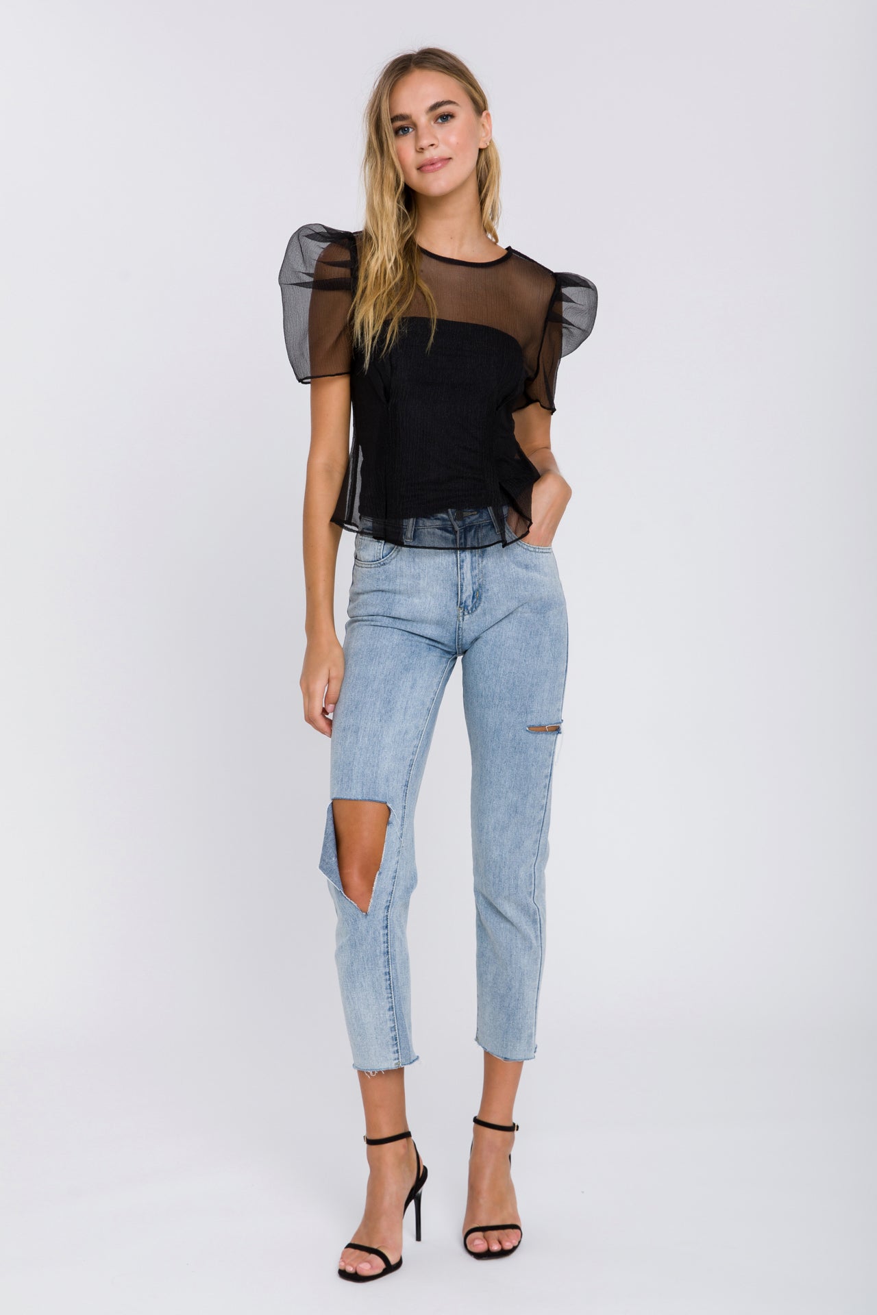 ENDLESS ROSE - Mesh Puff Short Sleeve Top - TOPS available at Objectrare