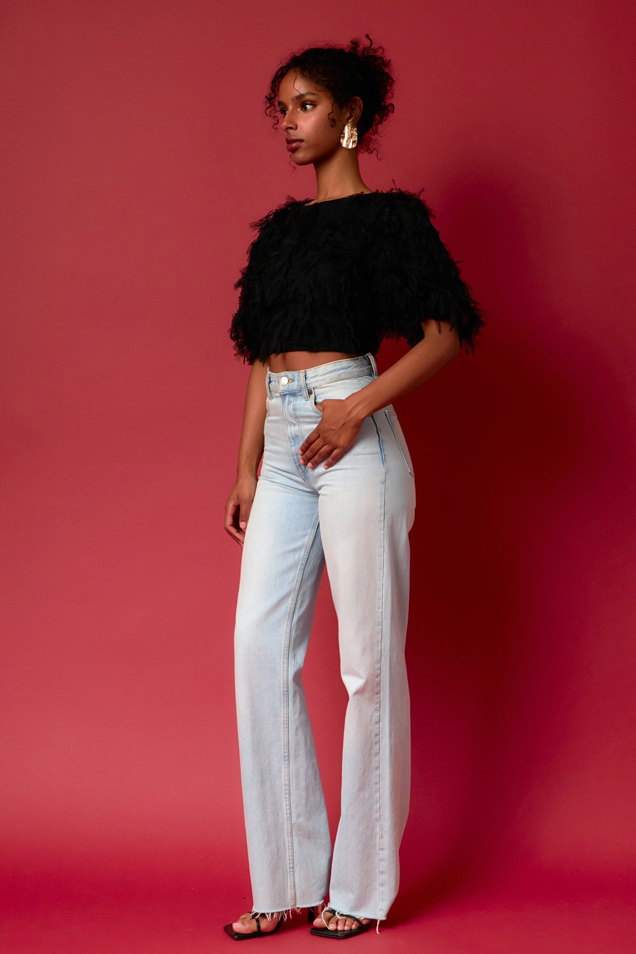 ENDLESS ROSE - Gridded Mesh Feathered Cropped Top - TOPS available at Objectrare