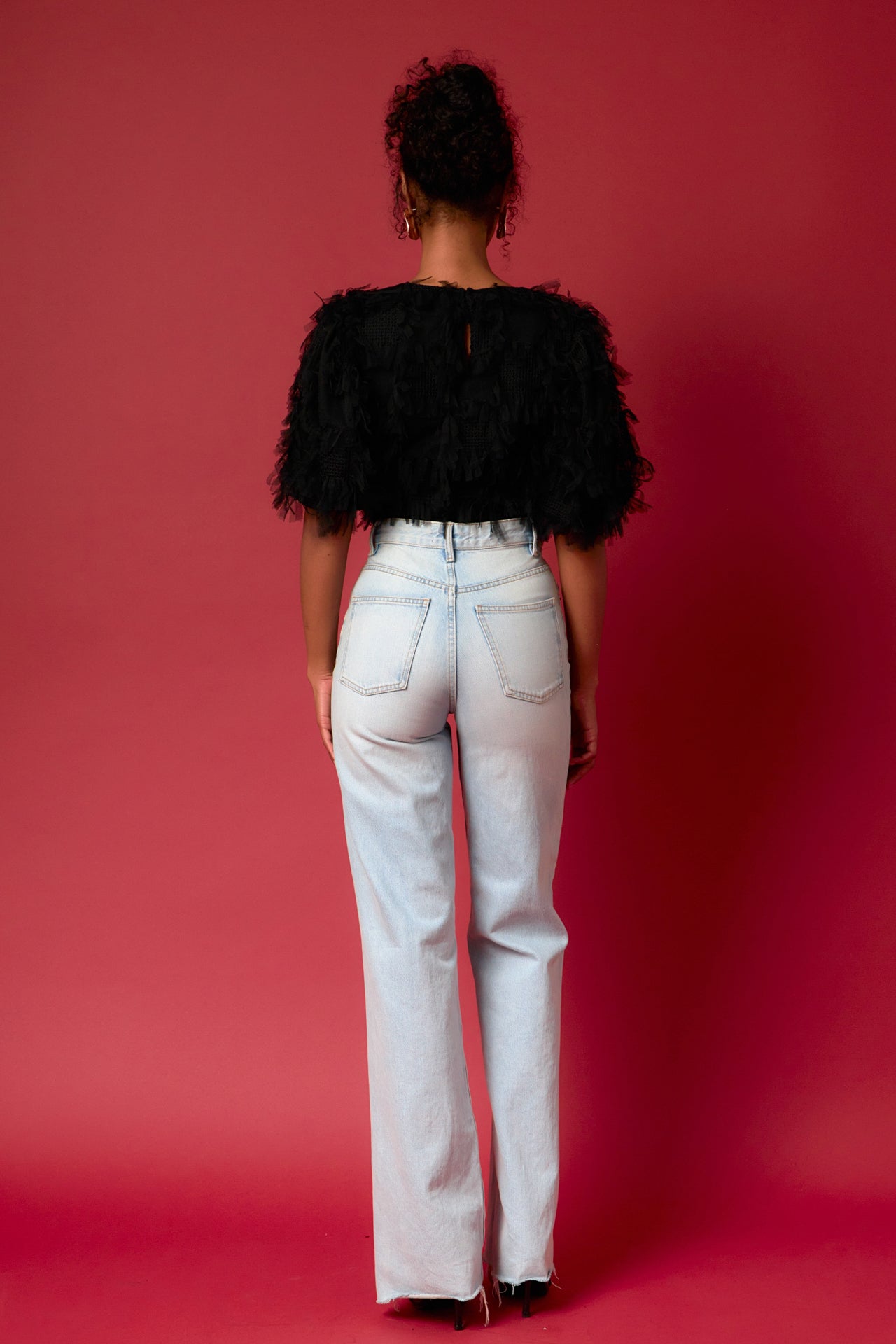 ENDLESS ROSE - Gridded Mesh Feathered Cropped Top - TOPS available at Objectrare