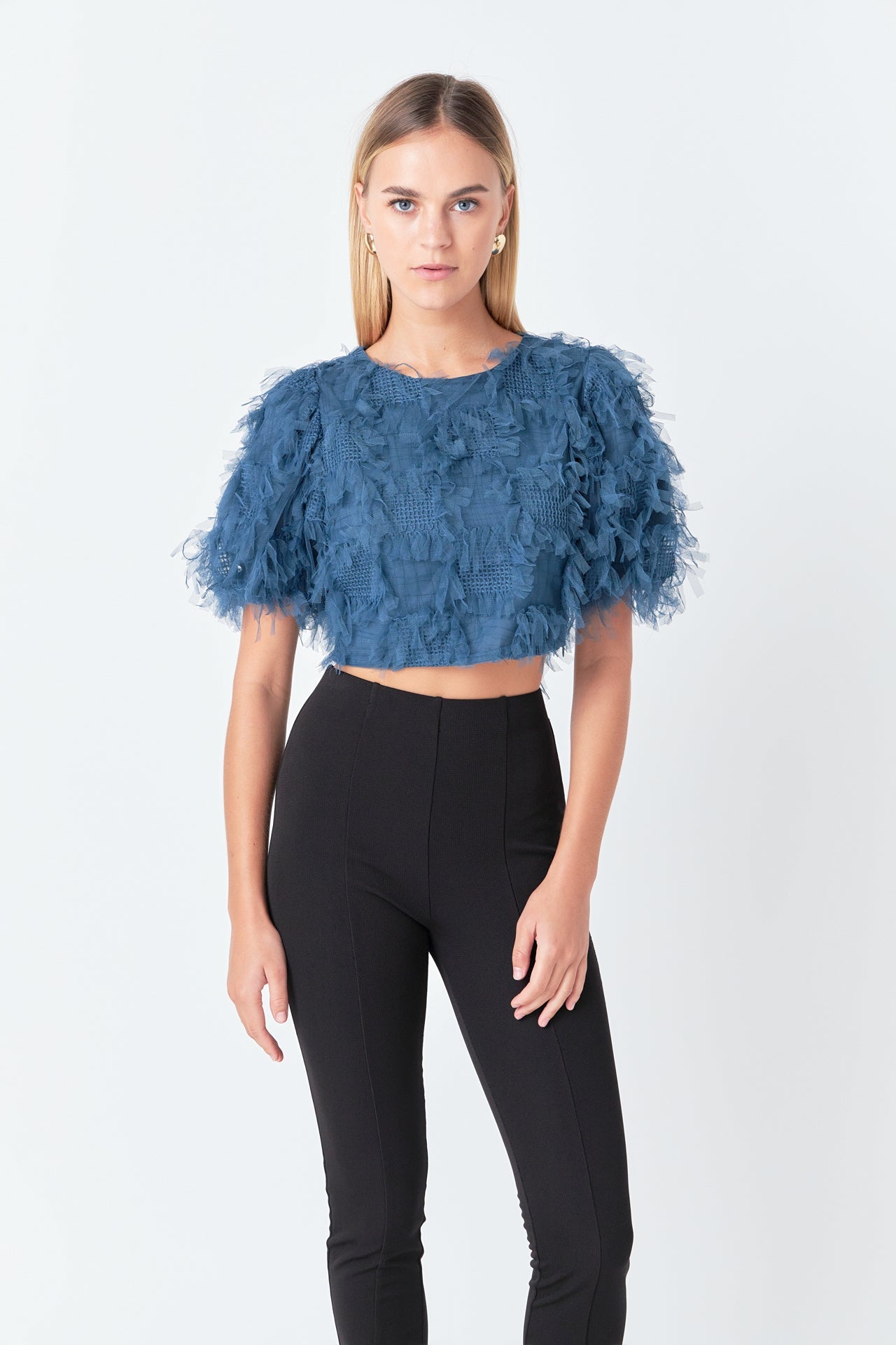 ENDLESS ROSE - Gridded Mesh Feathered Cropped Top - TOPS available at Objectrare
