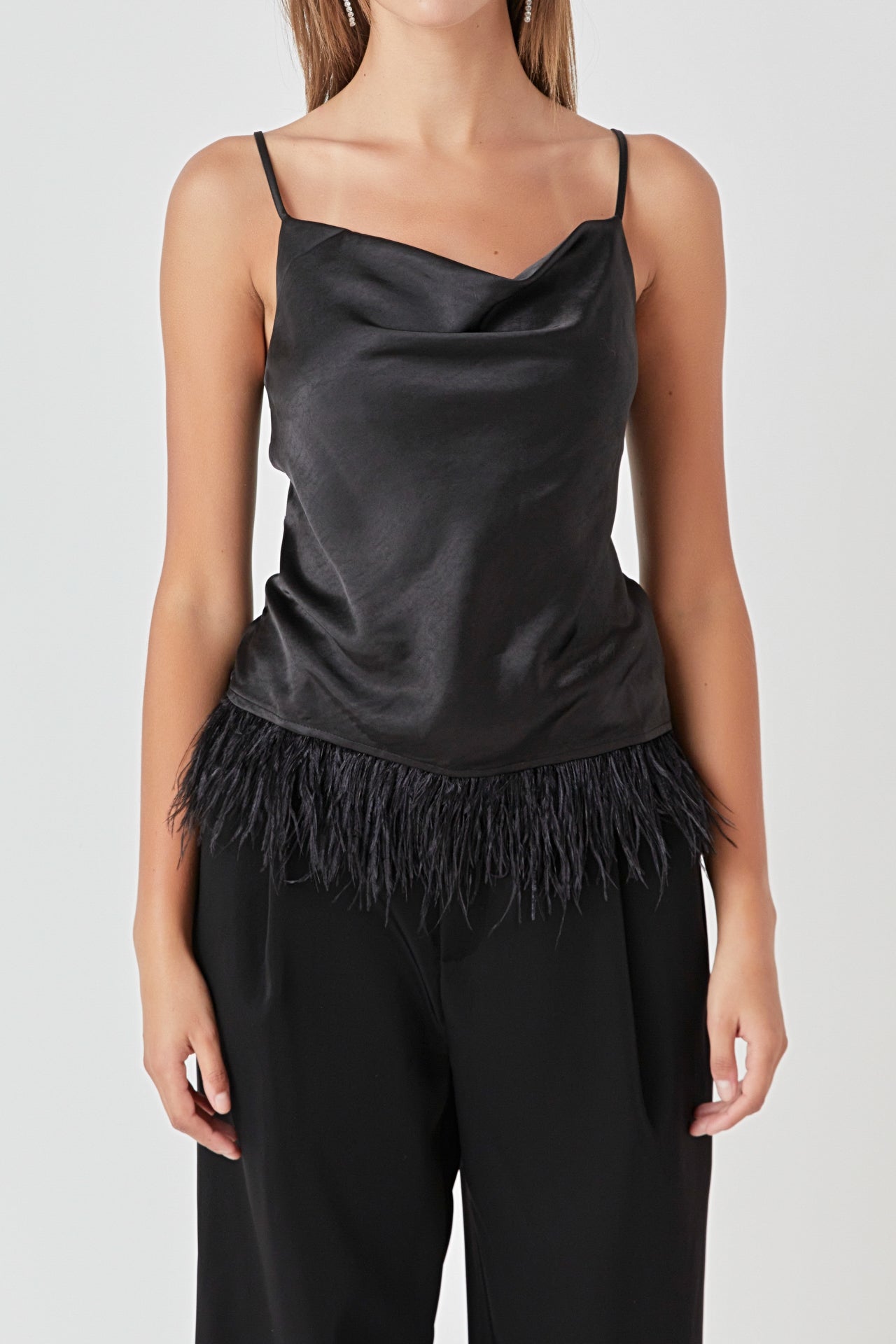 ENDLESS ROSE - Satin Cowl Neck Top with Feather - TOPS available at Objectrare