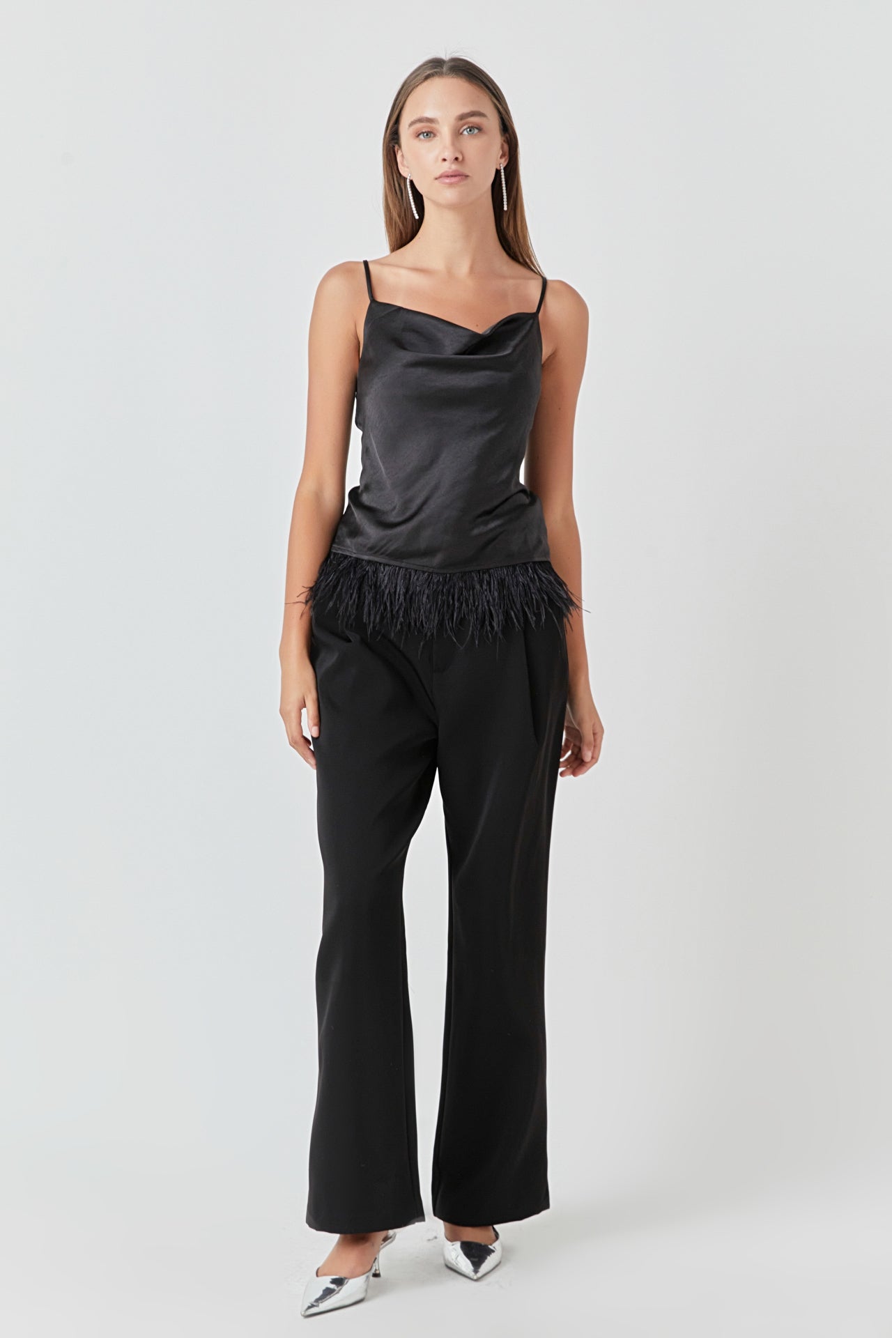 ENDLESS ROSE - Satin Cowl Neck Top with Feather - TOPS available at Objectrare