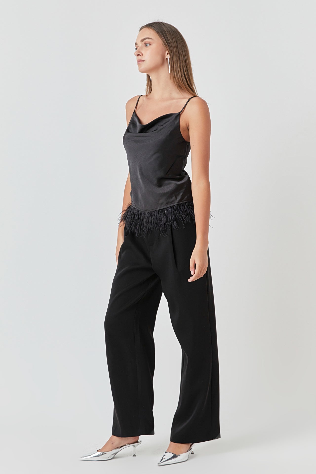 ENDLESS ROSE - Satin Cowl Neck Top with Feather - TOPS available at Objectrare