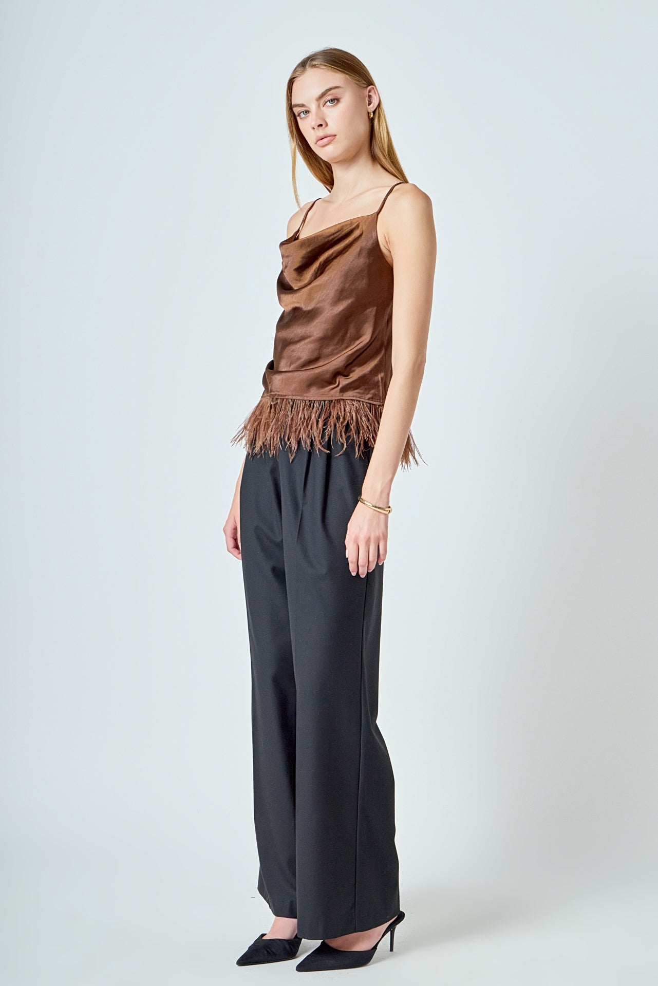 ENDLESS ROSE - Satin Cowl Neck Top with Feather - TOPS available at Objectrare