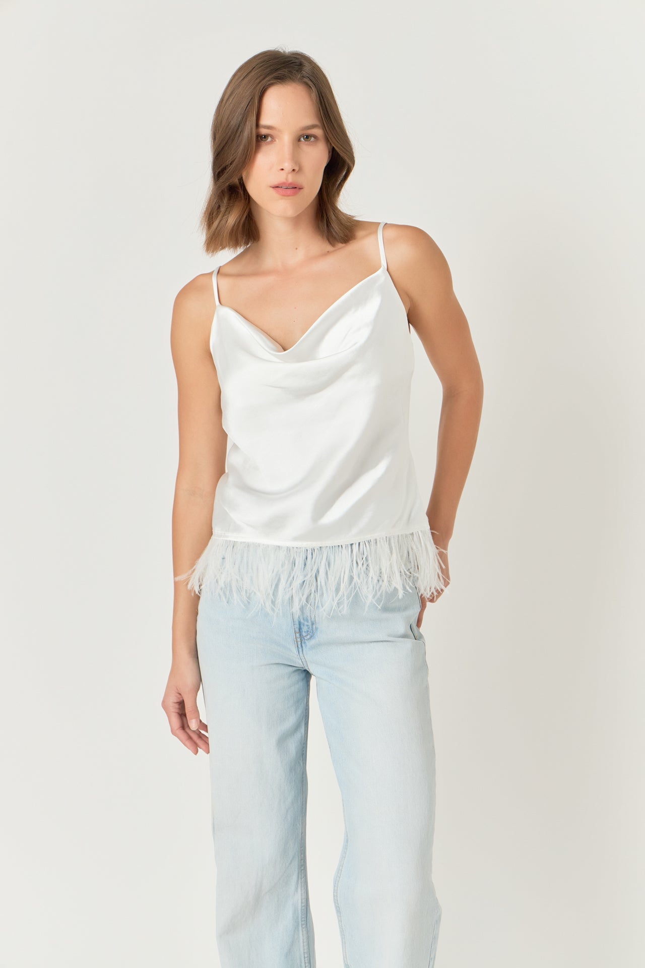 ENDLESS ROSE - Satin Cowl Neck Top with Feather - TOPS available at Objectrare