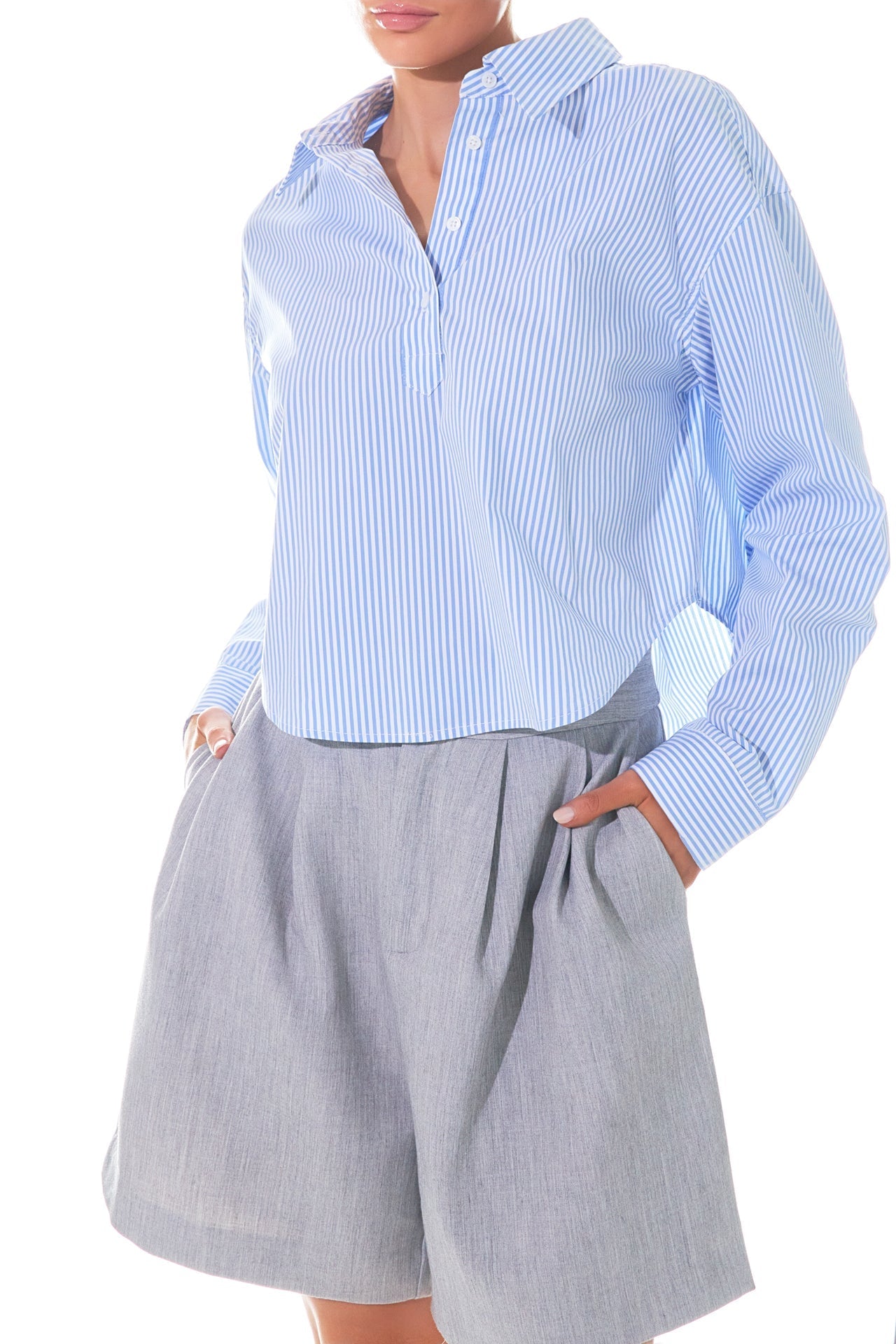 GREY LAB - Pinstripe Cropped Collared Shirt - SHIRTS & BLOUSES available at Objectrare