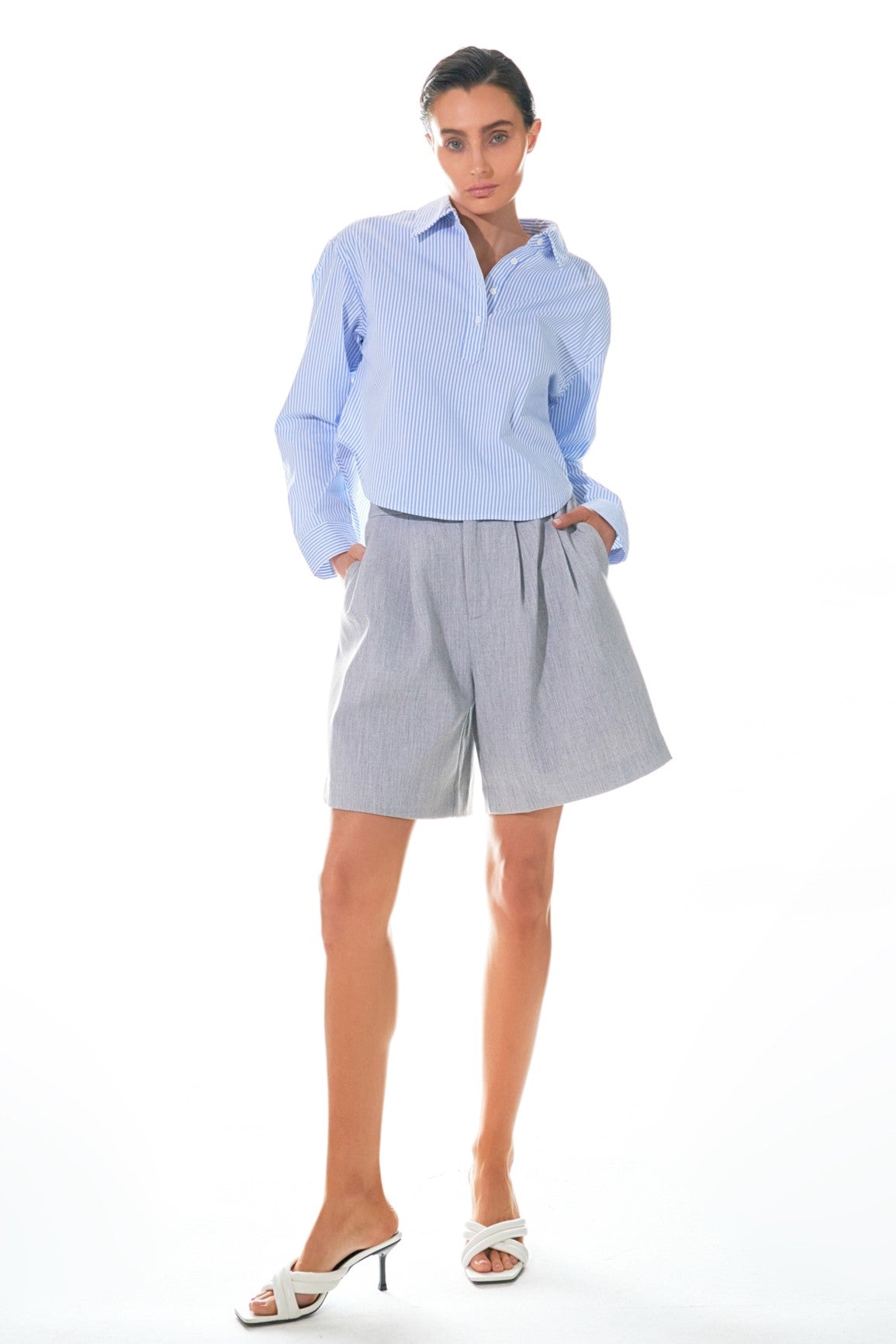 GREY LAB - Pinstripe Cropped Collared Shirt - SHIRTS & BLOUSES available at Objectrare