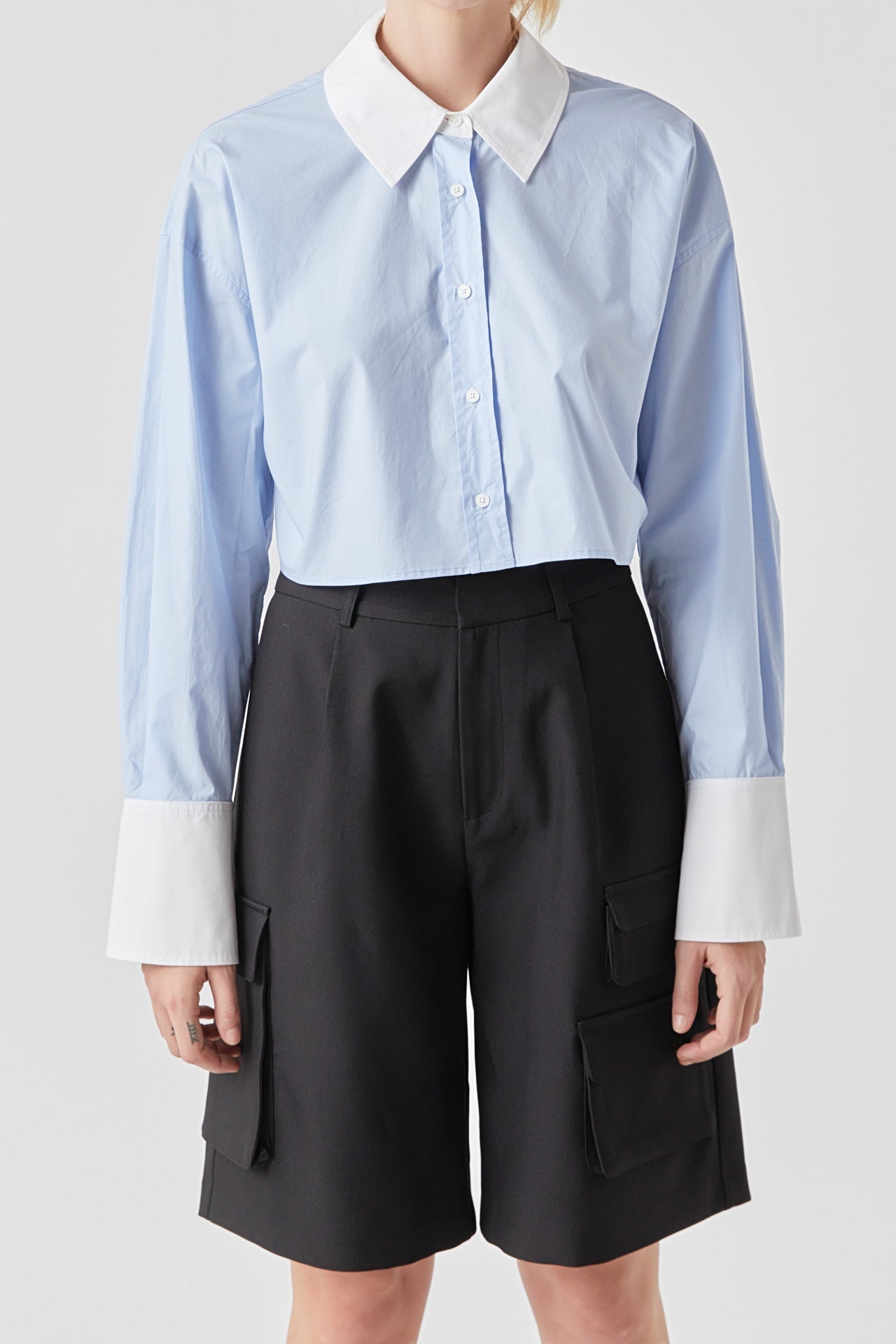 GREY LAB - Cotton Cropped Contrast Shirt - SHIRTS & BLOUSES available at Objectrare