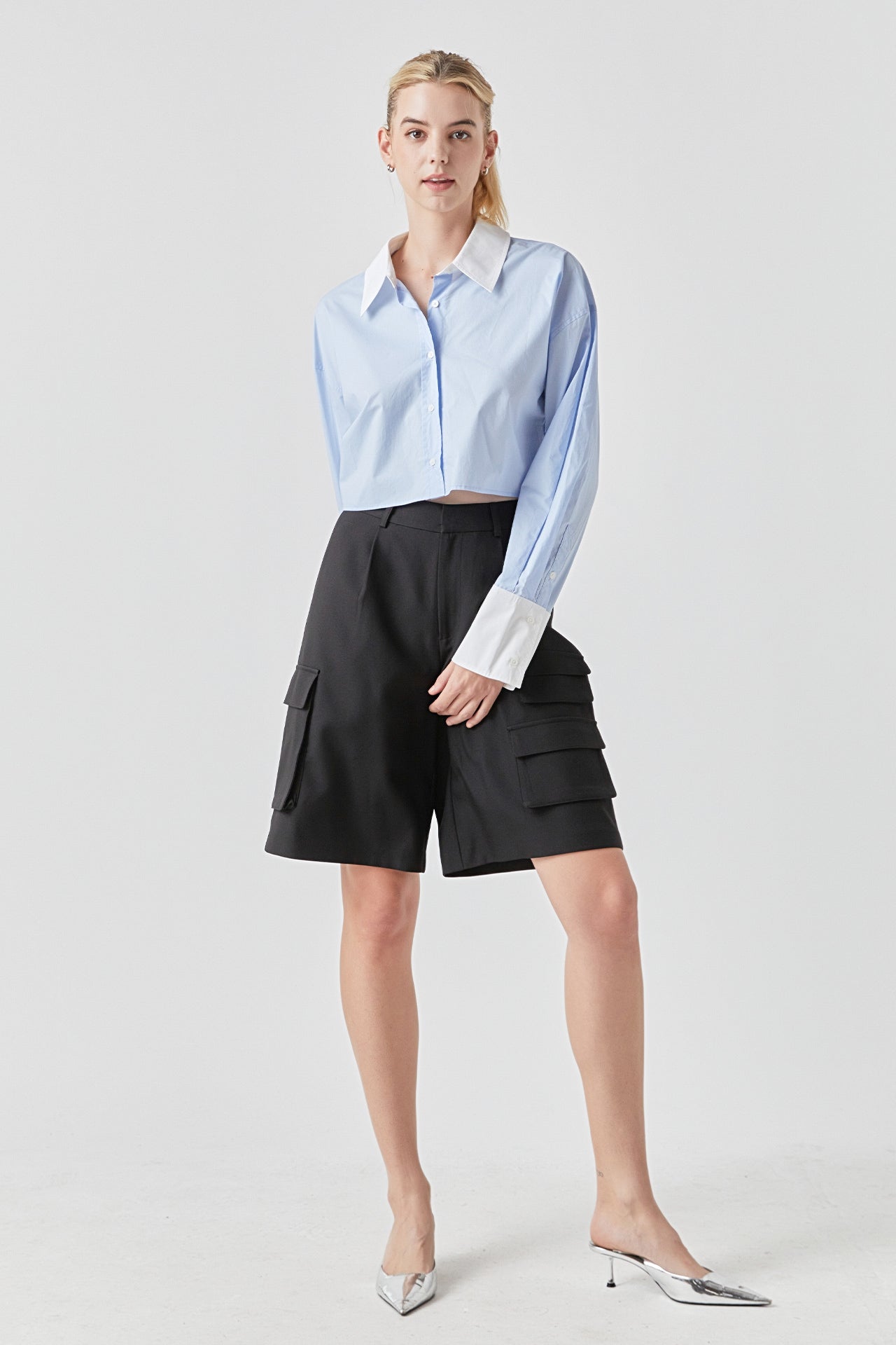 GREY LAB - Cotton Cropped Contrast Shirt - SHIRTS & BLOUSES available at Objectrare