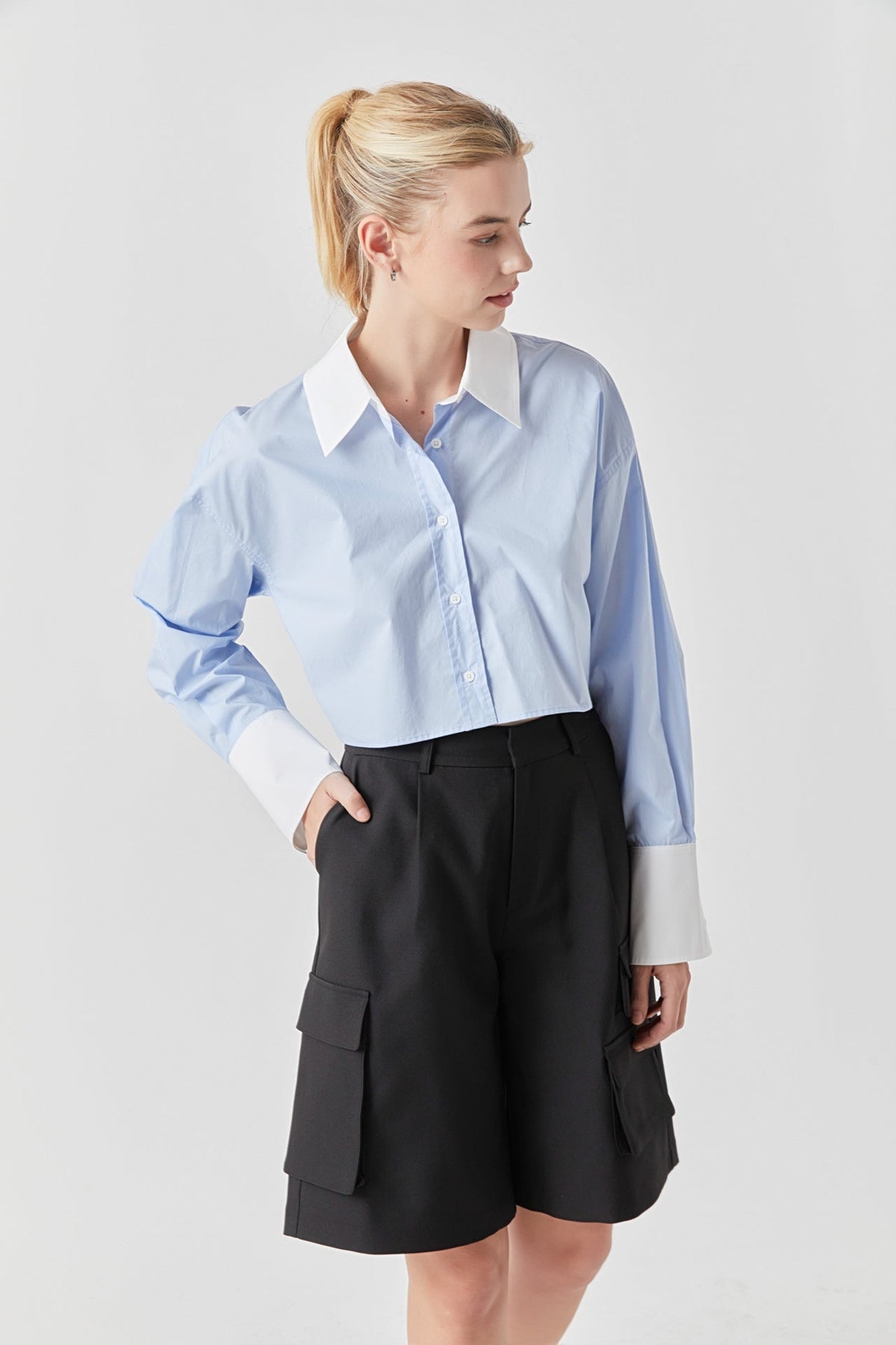 GREY LAB - Cotton Cropped Contrast Shirt - SHIRTS & BLOUSES available at Objectrare